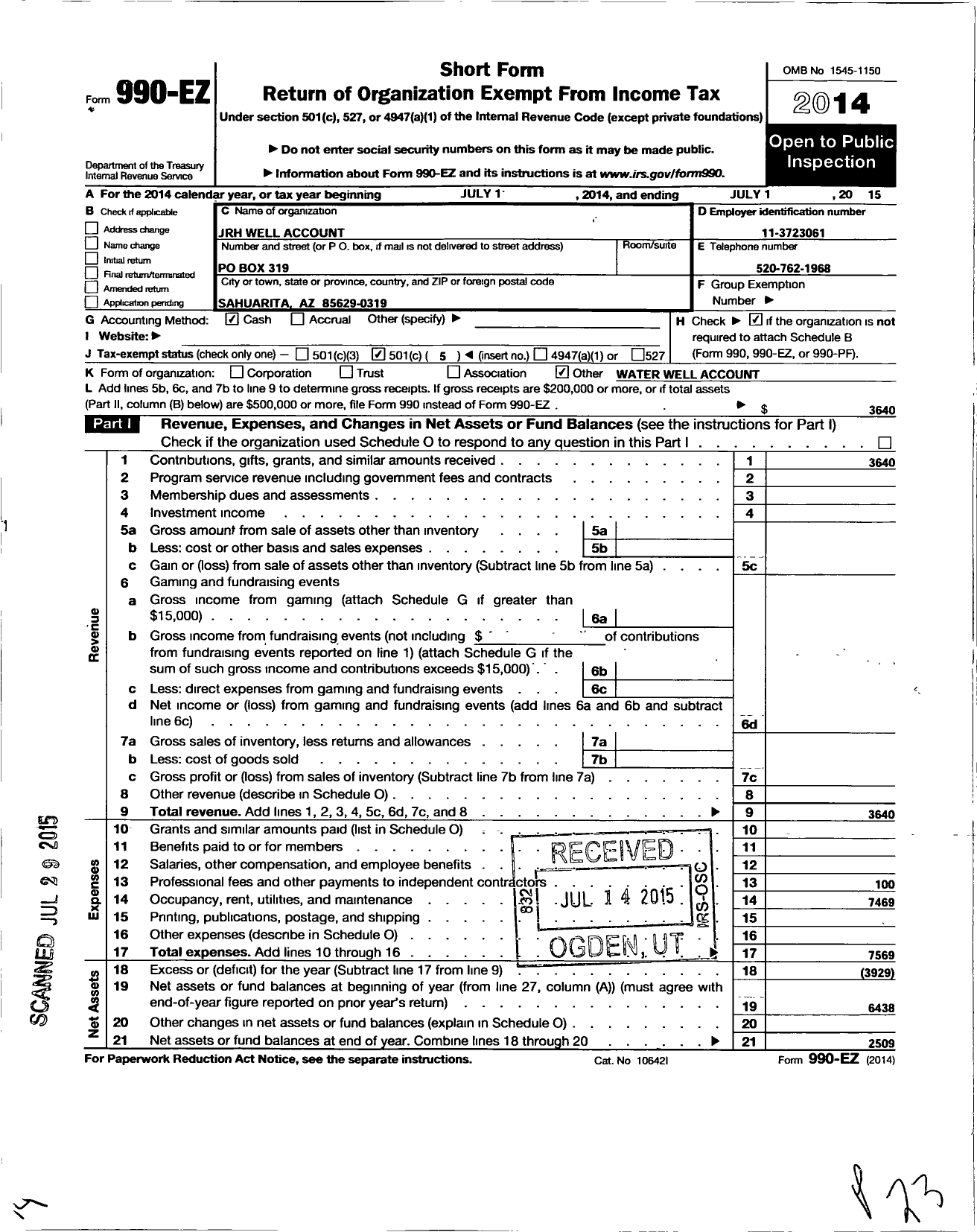 Image of first page of 2014 Form 990EO for JRH Well Account