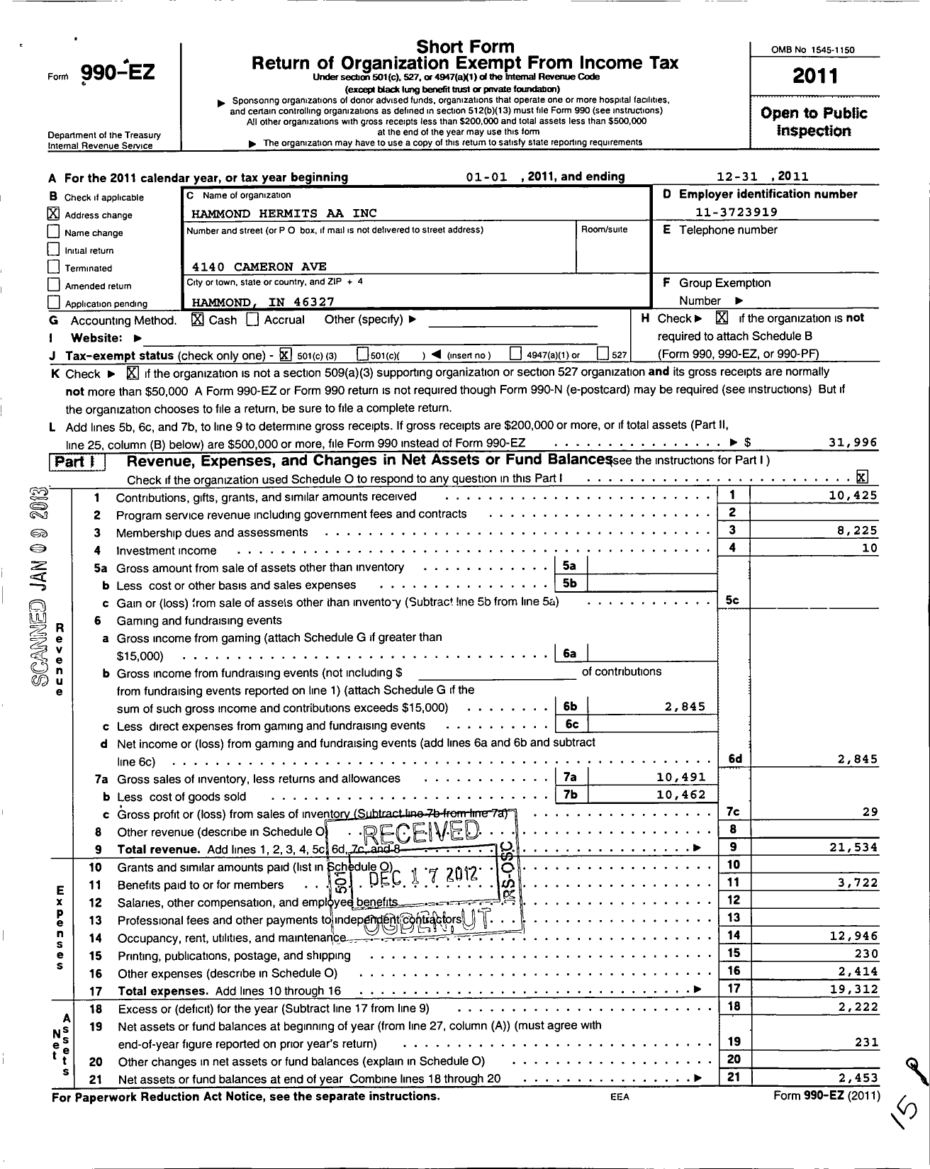 Image of first page of 2011 Form 990EZ for Hammond Hermits Athletic Association