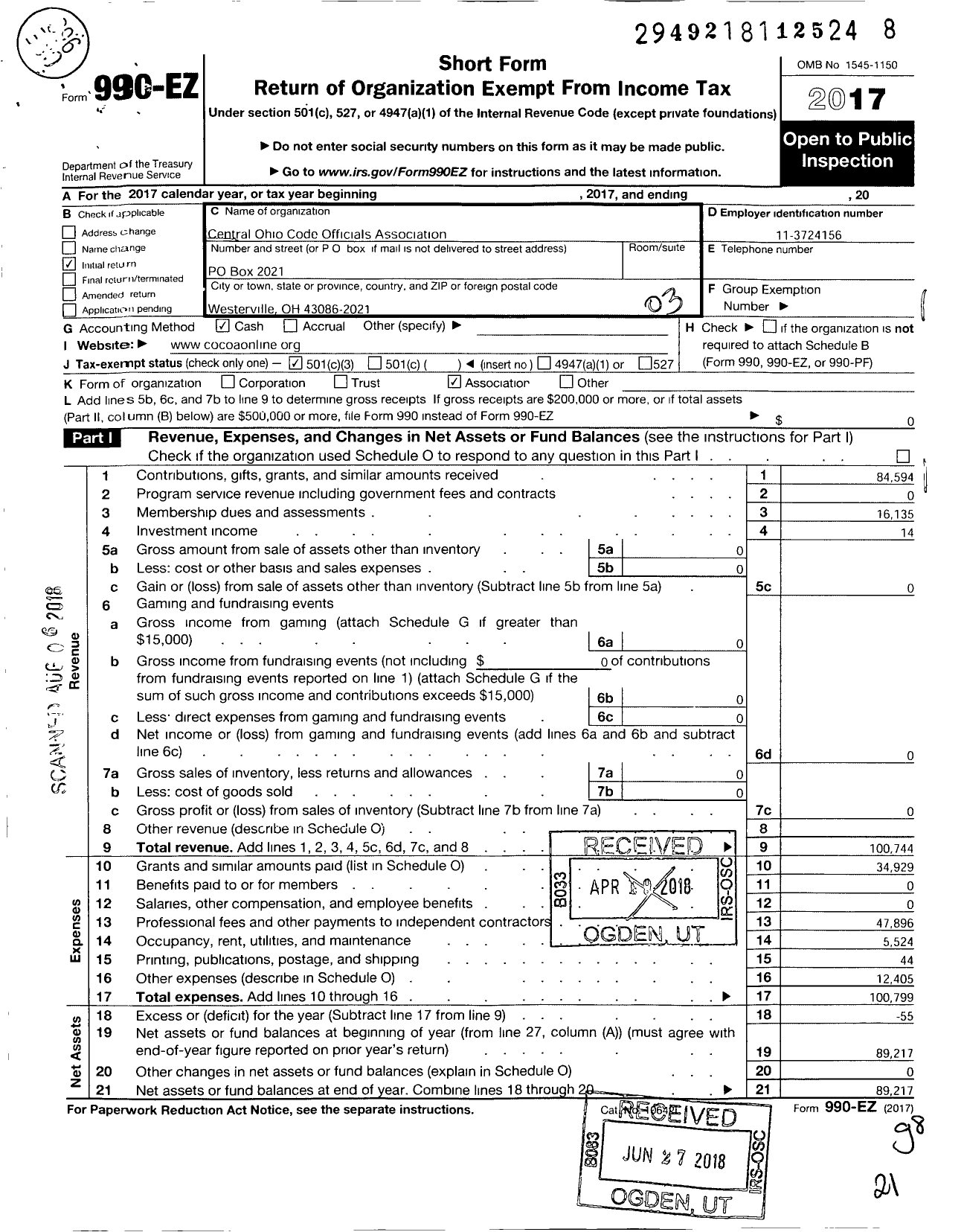 Image of first page of 2017 Form 990EZ for Central Ohio Code Officials Association