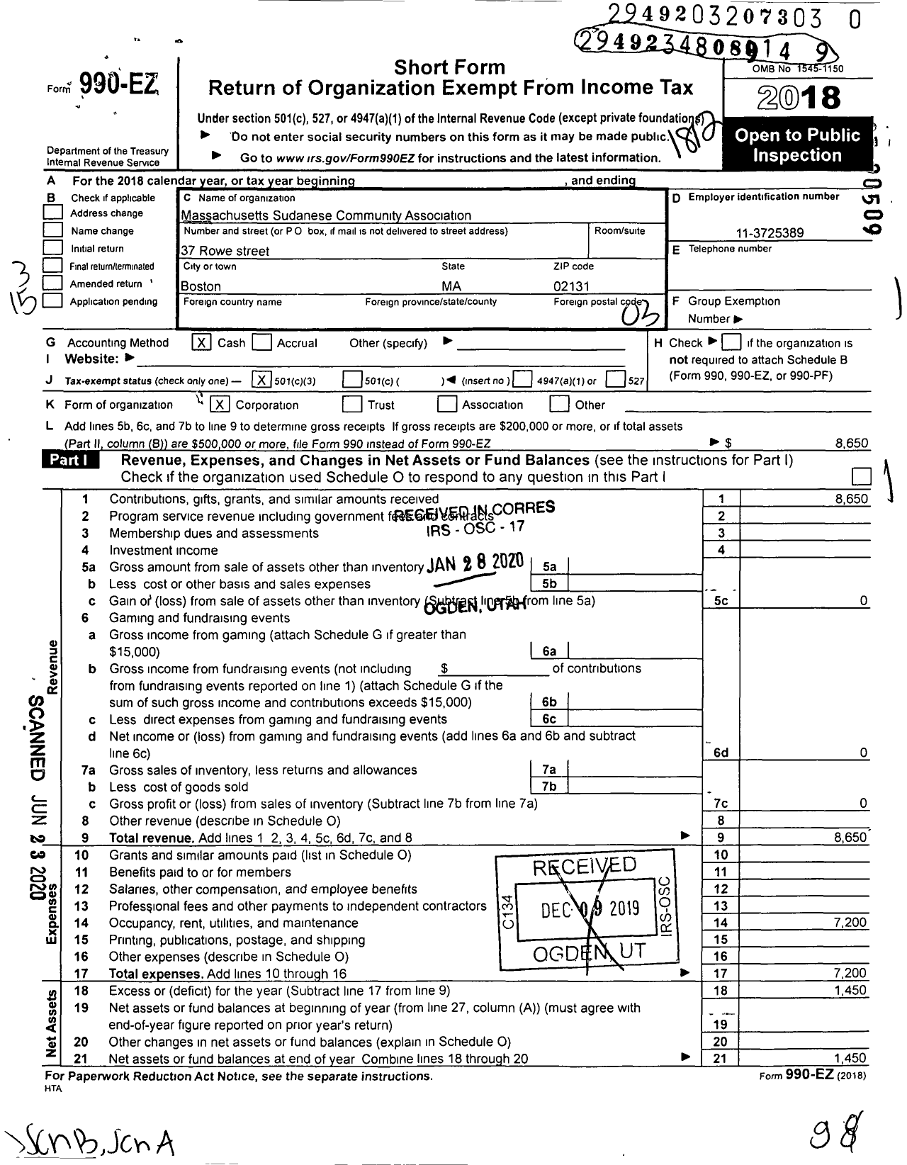 Image of first page of 2018 Form 990EZ for Massachusetts Sudanese Community Association