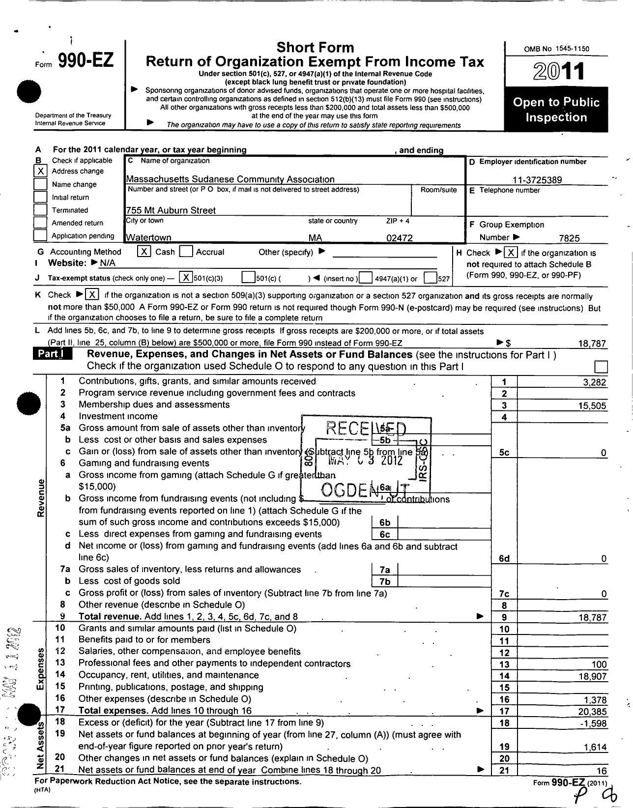 Image of first page of 2011 Form 990EZ for Massachusetts Sudanese Community Association