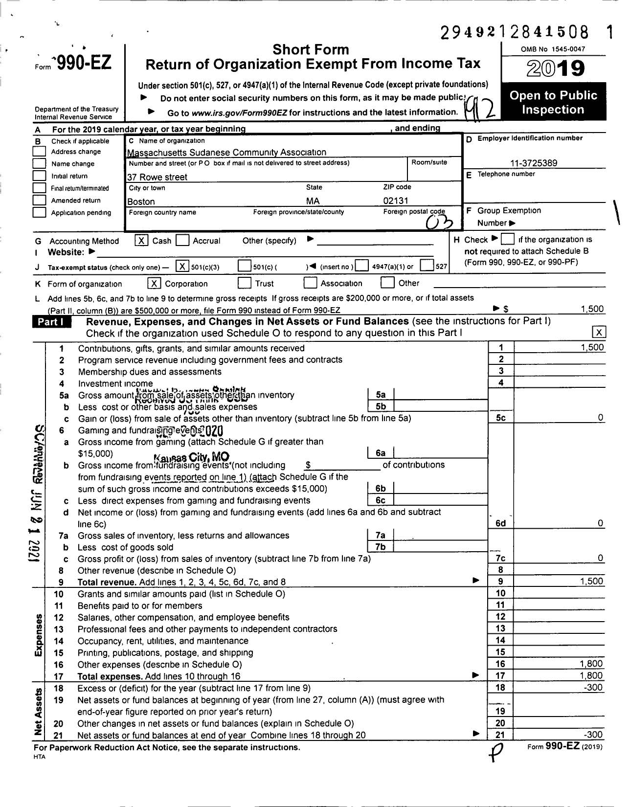 Image of first page of 2019 Form 990EZ for Massachusetts Sudanese Community Association