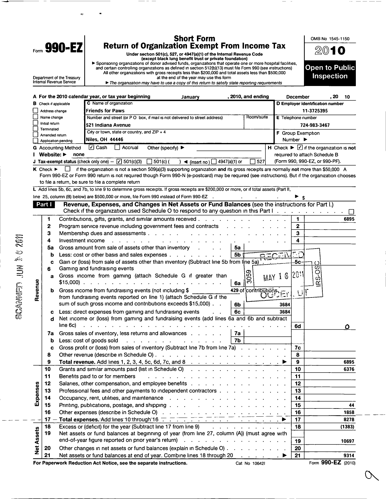 Image of first page of 2010 Form 990EZ for Friends for Paws