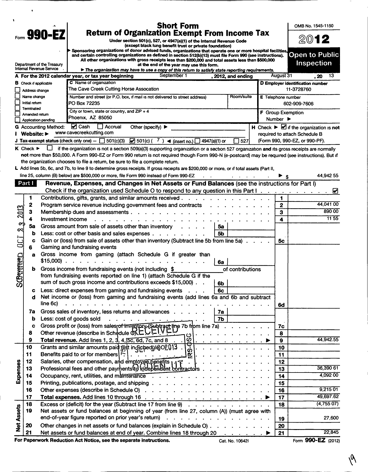 Image of first page of 2012 Form 990EO for Cave Creek Cutting Horse Association