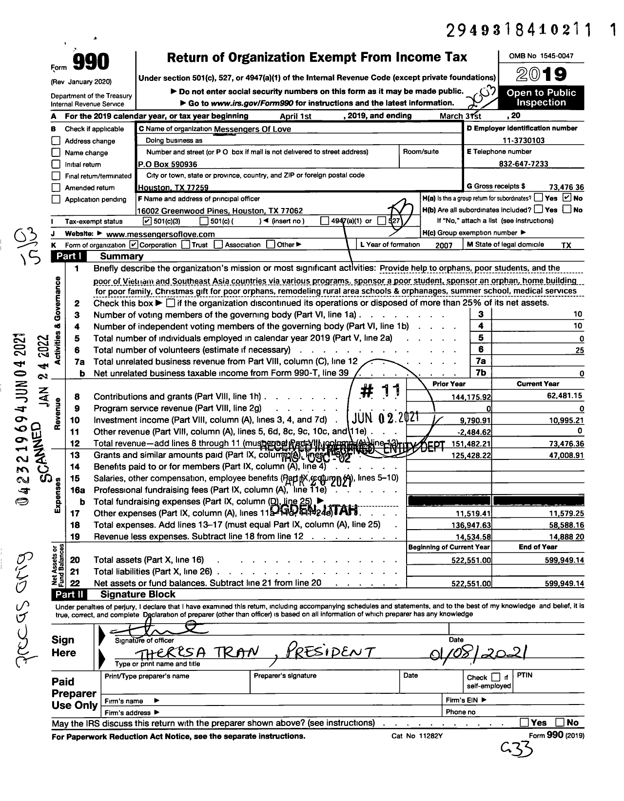 Image of first page of 2019 Form 990 for Messengers of Love