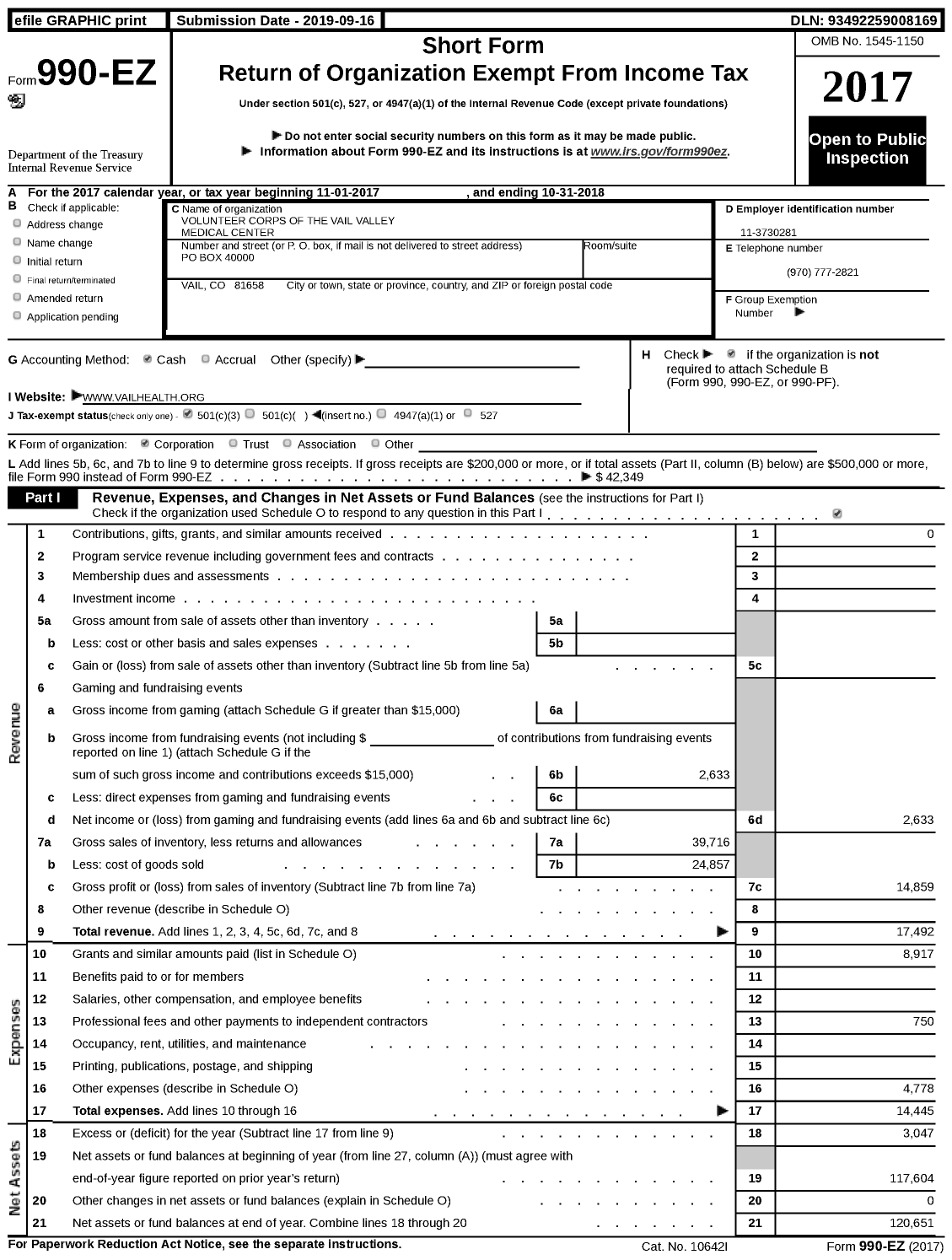 Image of first page of 2017 Form 990EZ for Volunteer Corps of the Vail Valley Medical Center