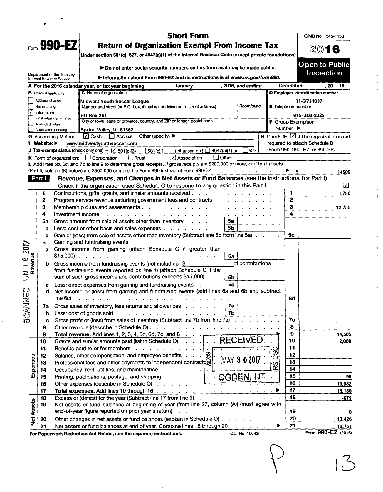 Image of first page of 2016 Form 990EZ for Midwest Youth Soccer League