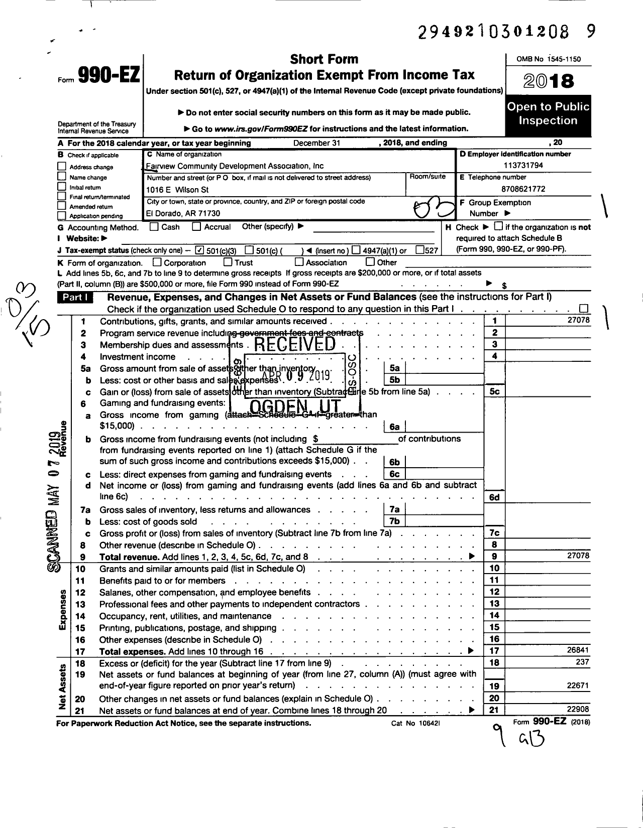 Image of first page of 2018 Form 990EZ for Fairview Community Development Association