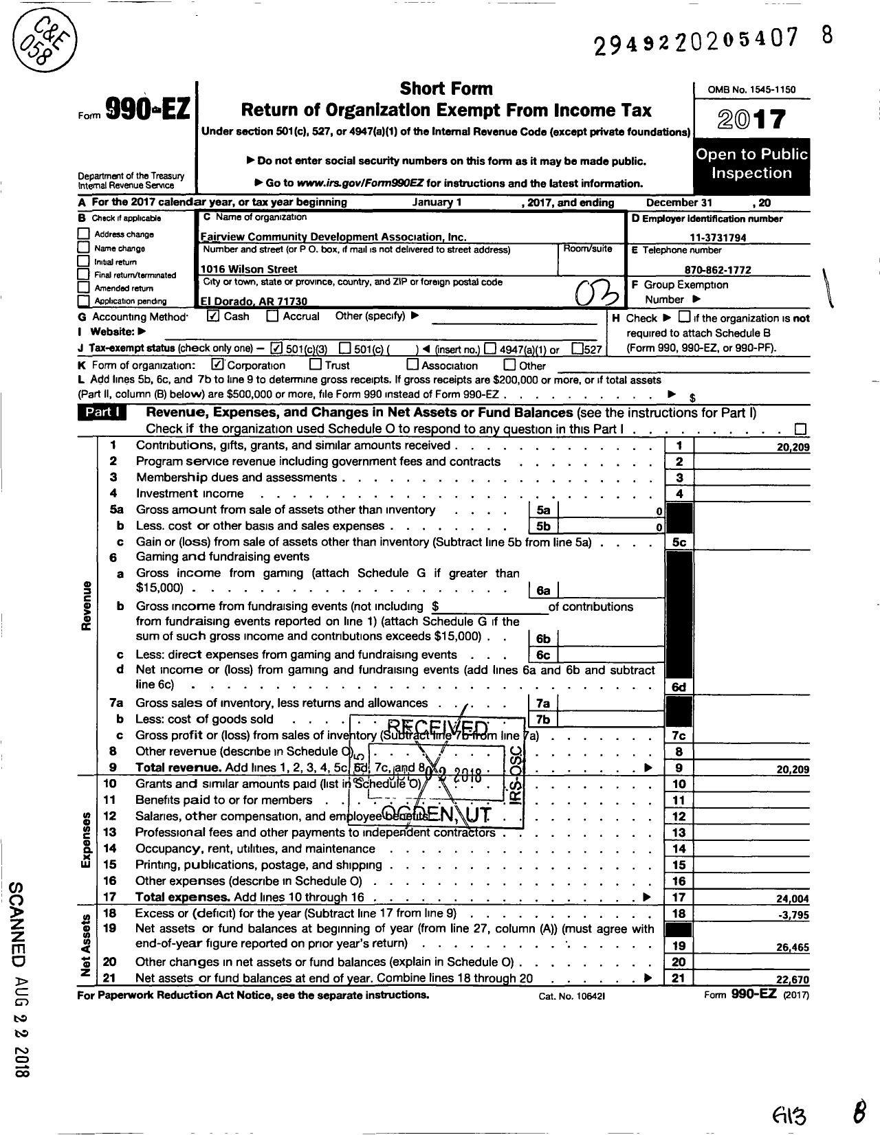 Image of first page of 2017 Form 990EZ for Fairview Community Development Association