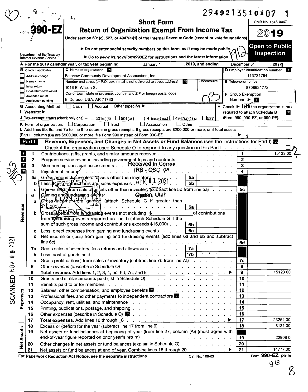 Image of first page of 2019 Form 990EZ for Fairview Community Development Association