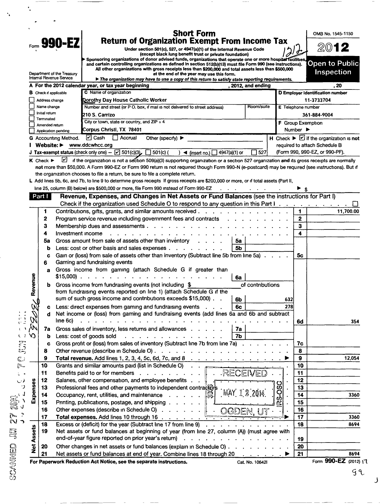 Image of first page of 2012 Form 990EZ for Dorothy Day House Catholic Worker