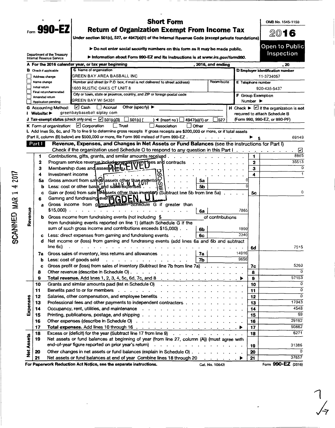 Image of first page of 2016 Form 990EZ for Green Bay Area Baseball