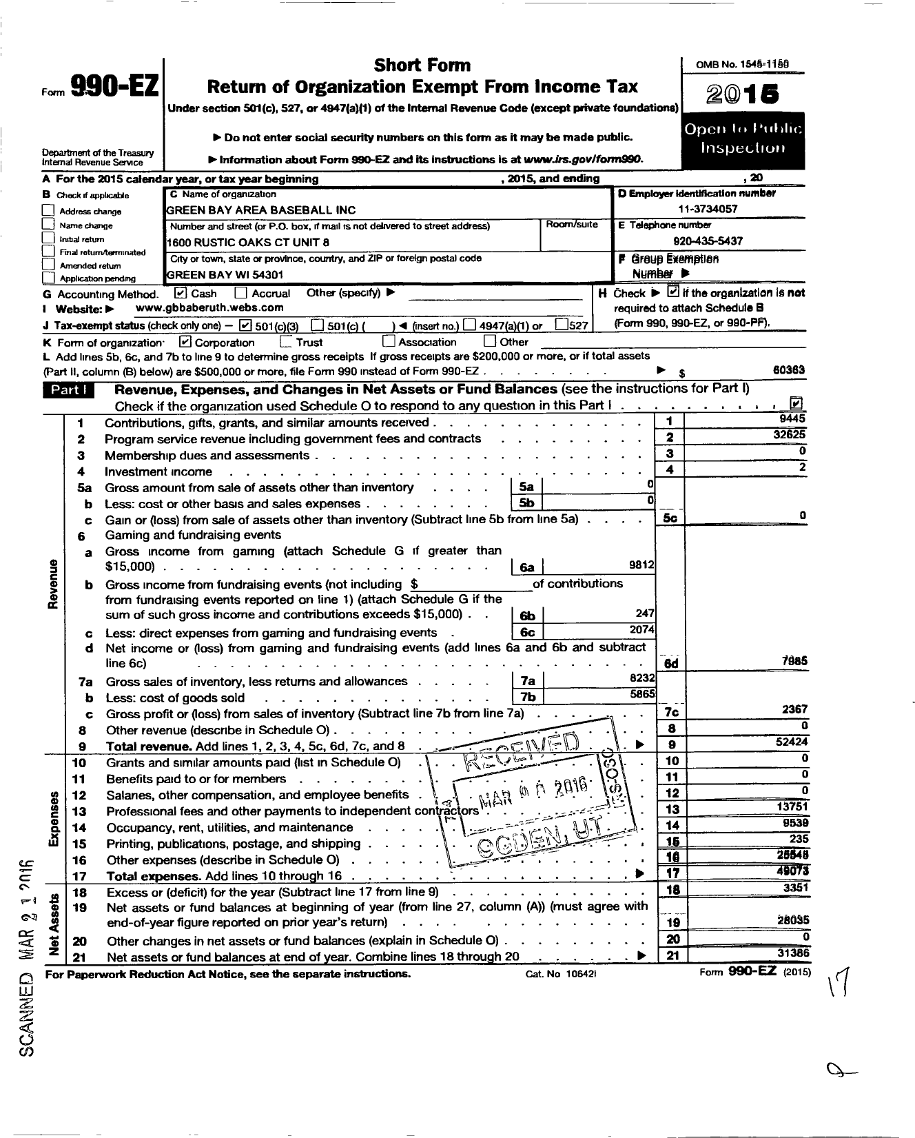 Image of first page of 2015 Form 990EZ for Green Bay Area Baseball