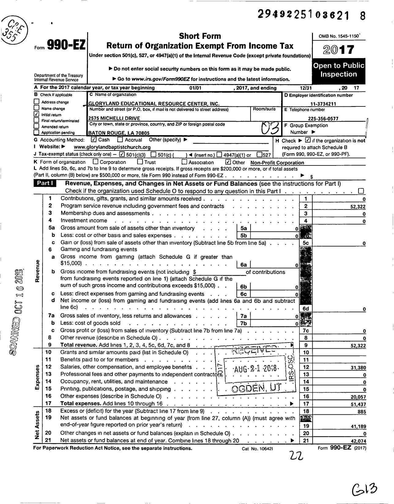 Image of first page of 2017 Form 990EZ for Gloryland Educational Resource Center