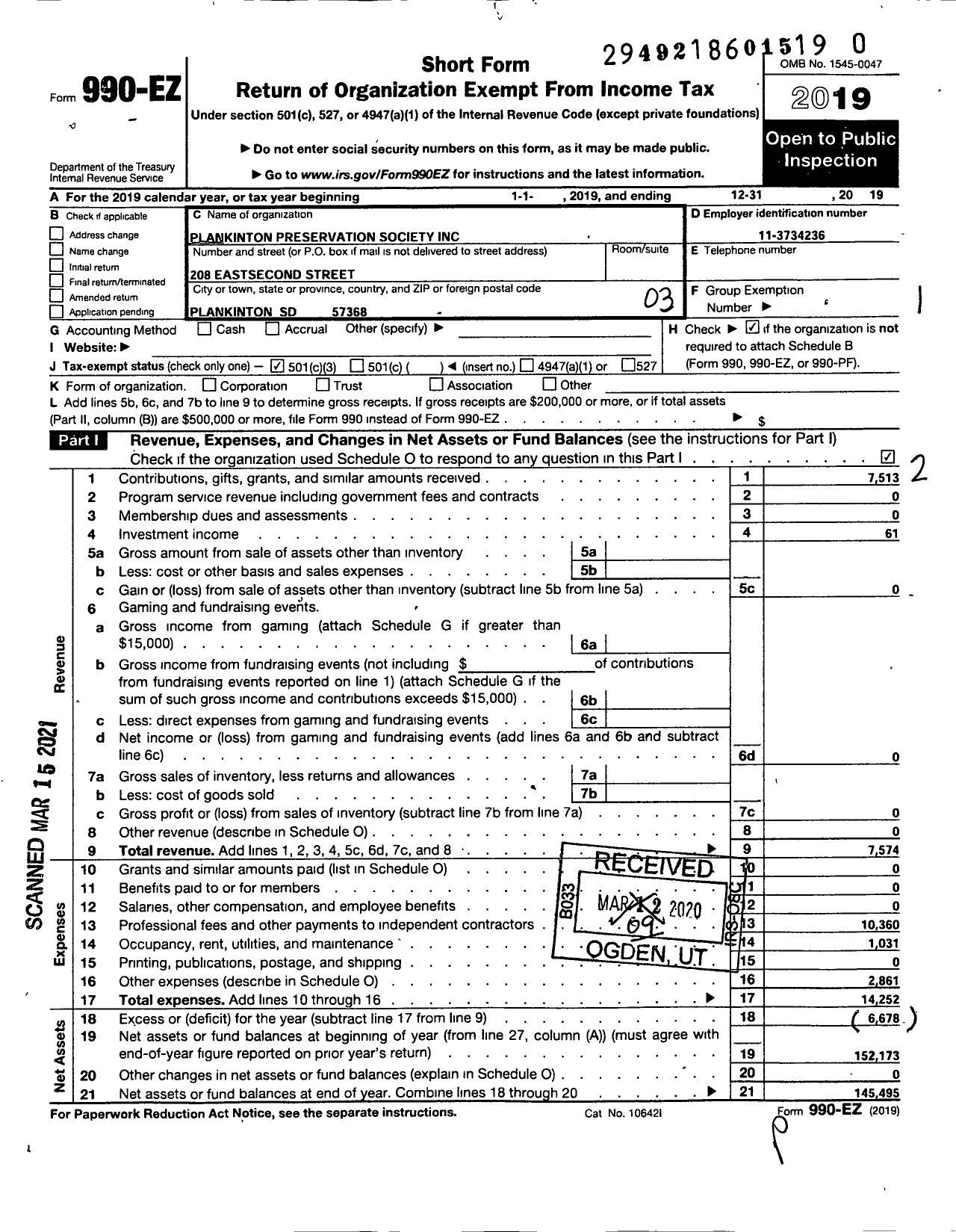 Image of first page of 2019 Form 990EZ for Plankinton Preservation Society