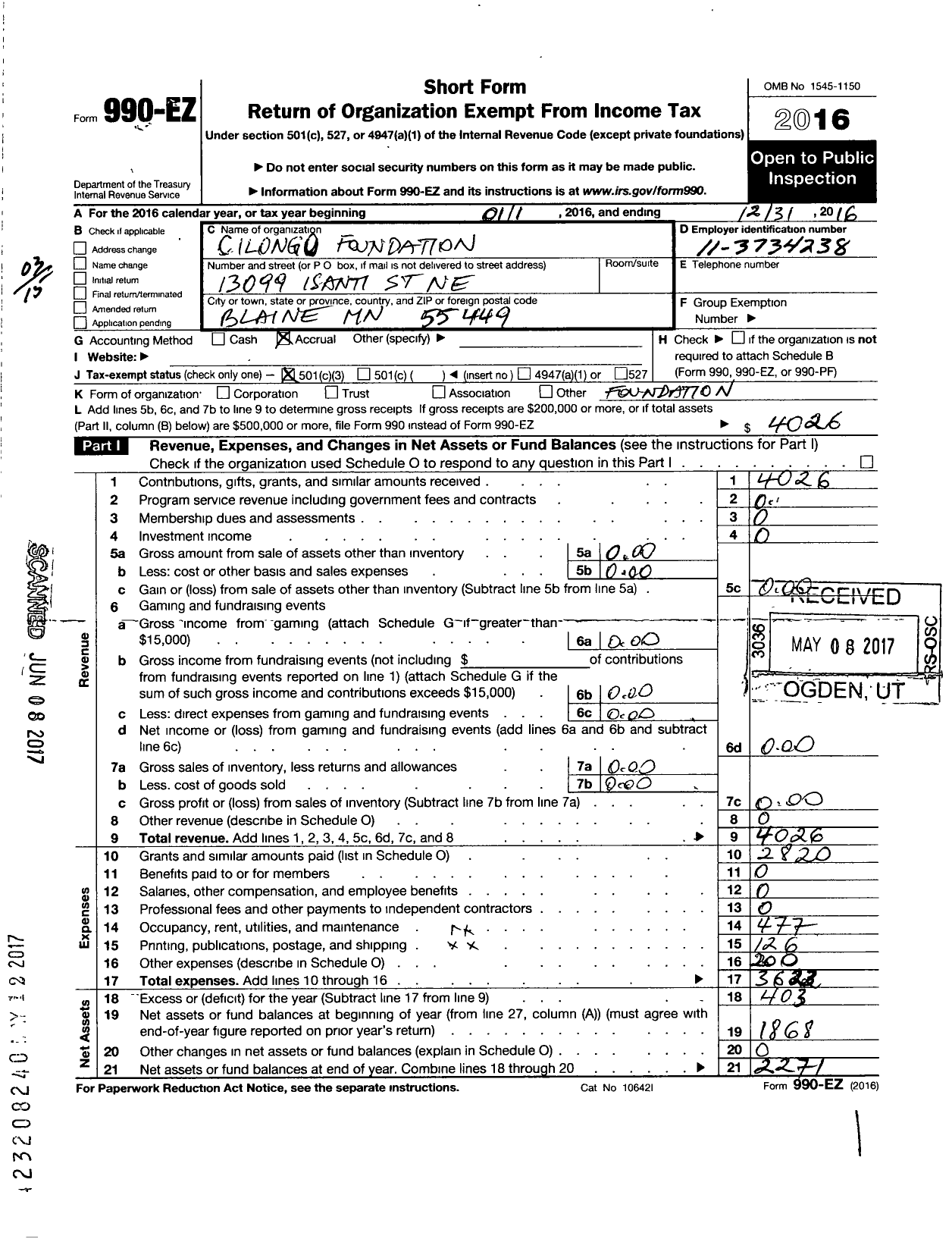 Image of first page of 2016 Form 990EZ for Cilongu Foundation