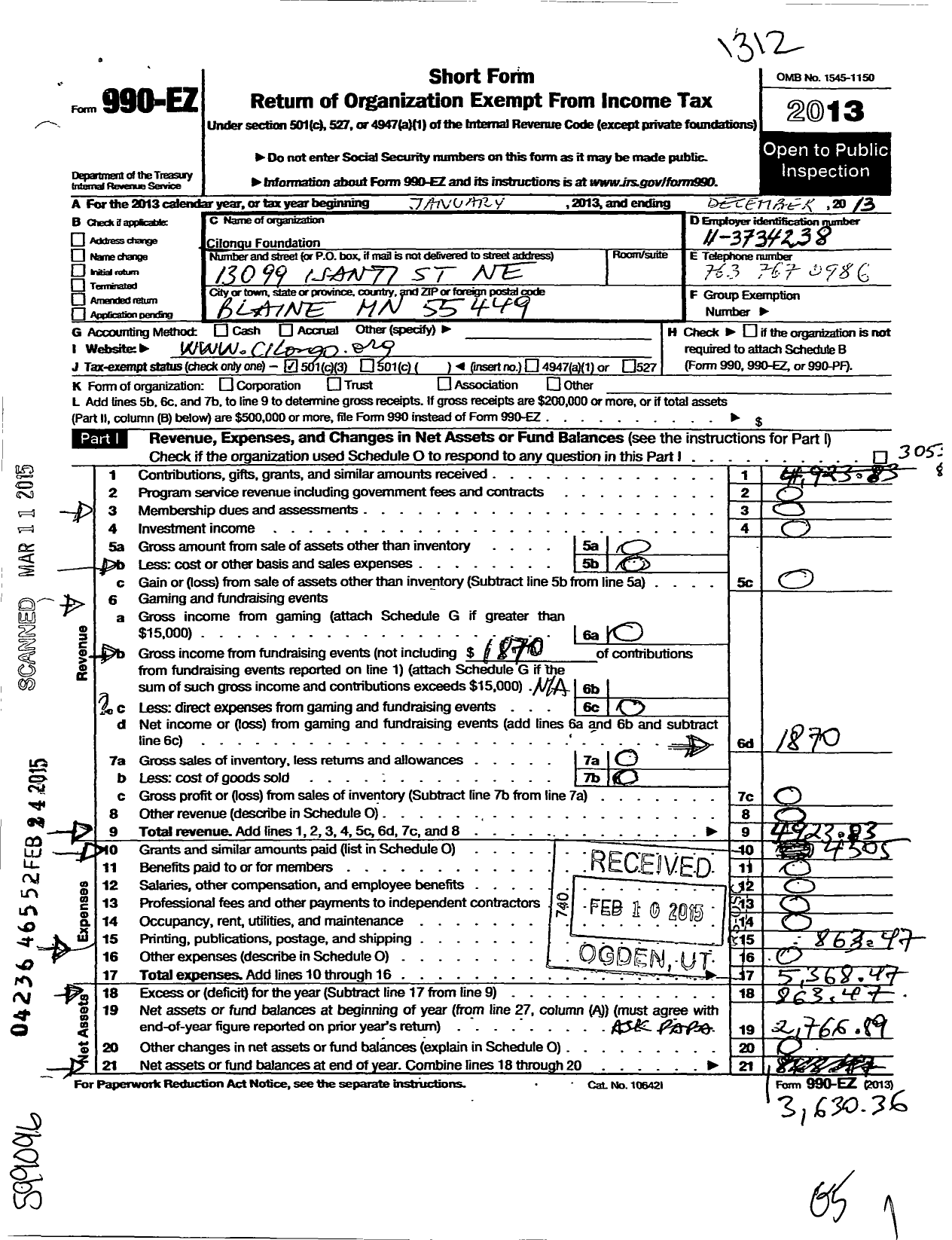 Image of first page of 2013 Form 990EZ for Cilongu Foundation