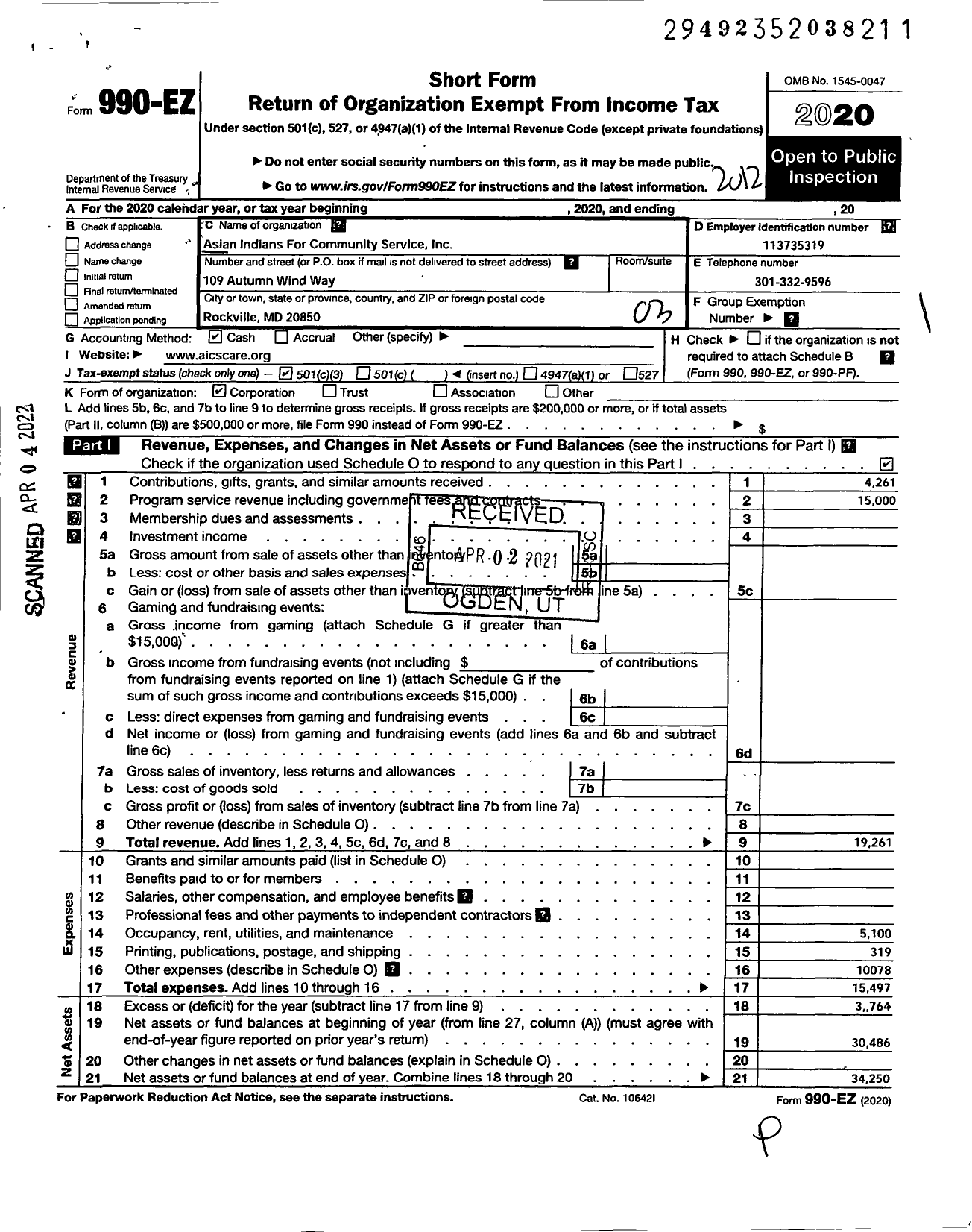 Image of first page of 2020 Form 990EZ for Asian Indians for Community Service