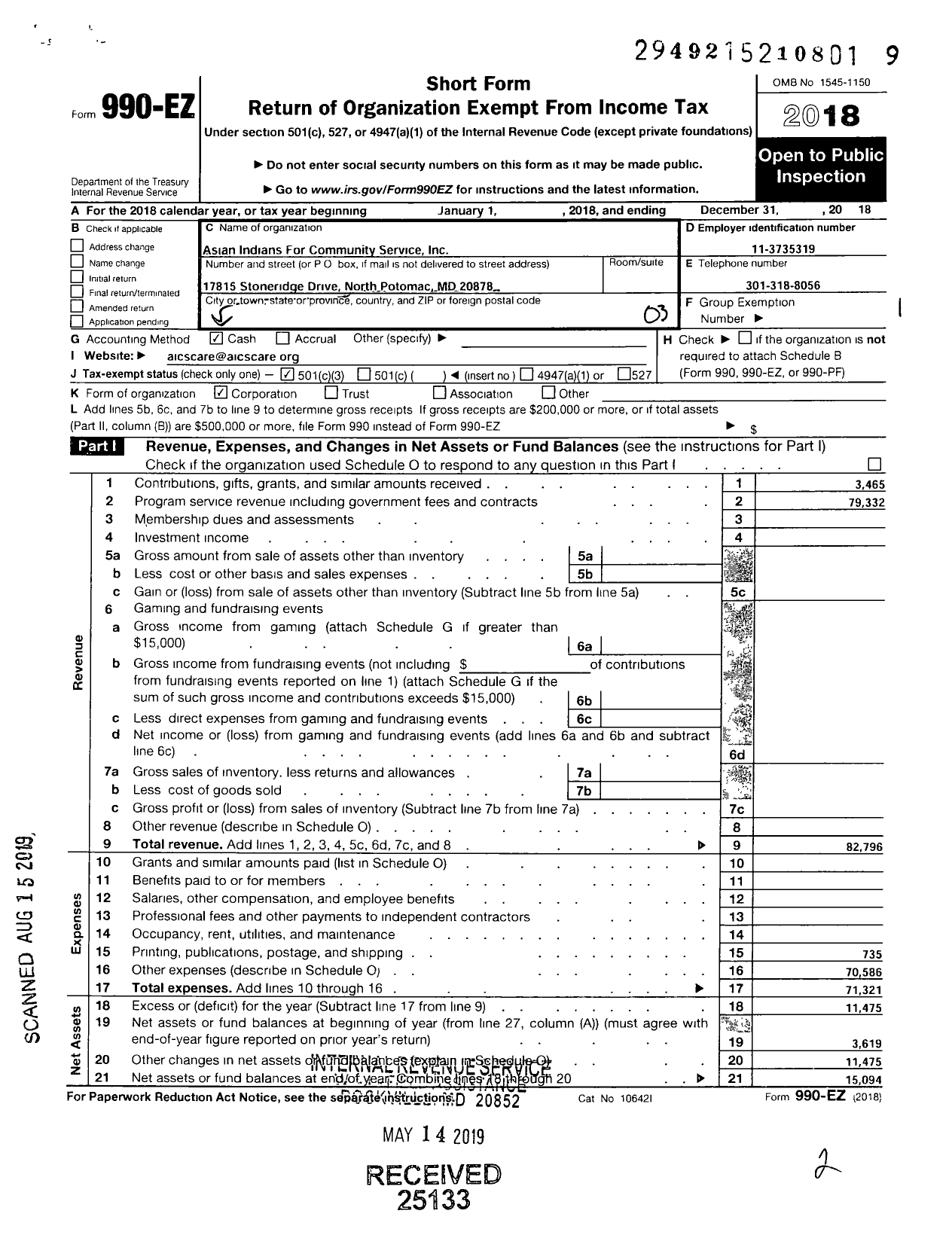 Image of first page of 2018 Form 990EZ for Asian Indians for Community Service