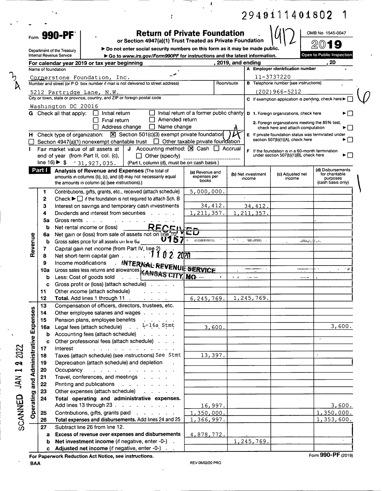 Image of first page of 2019 Form 990PF for Cornerstone Foundation