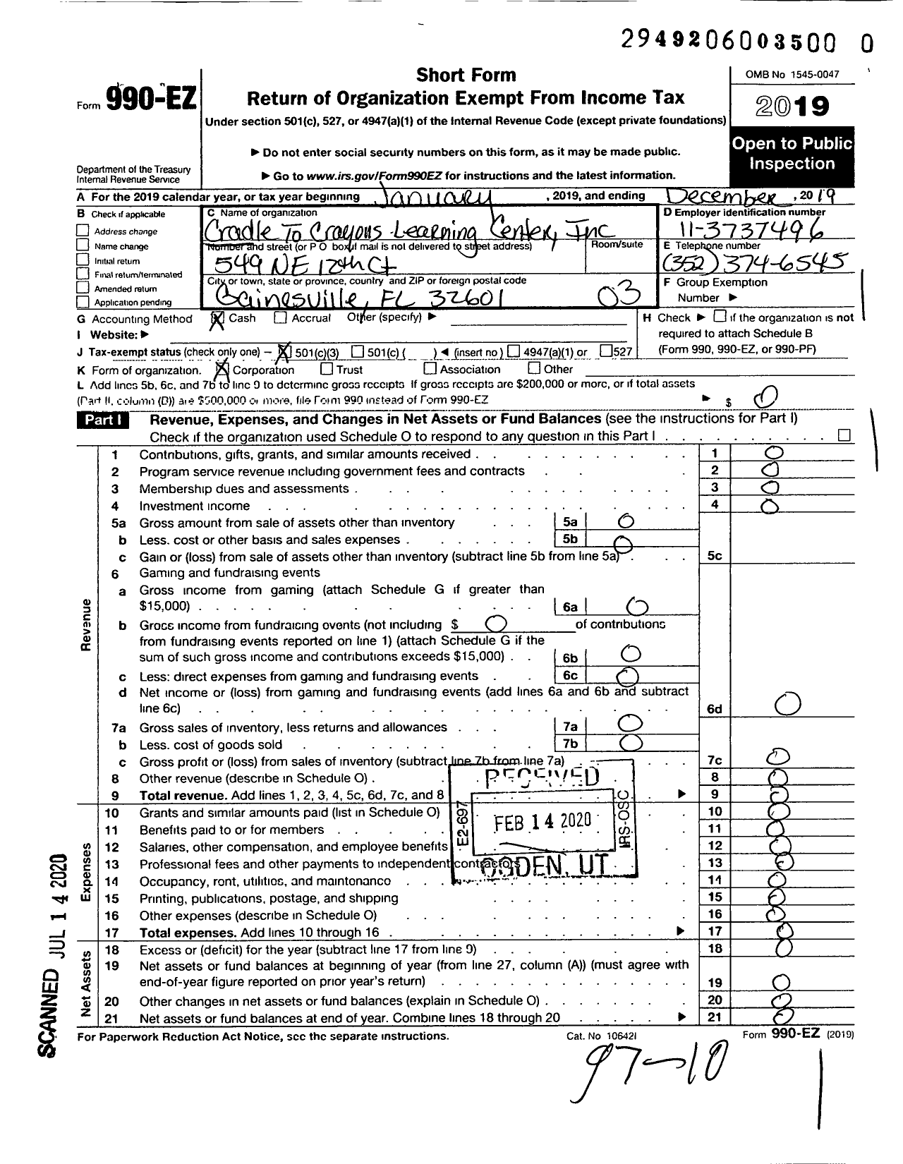 Image of first page of 2019 Form 990EZ for Cradle To Crayons Learning Center
