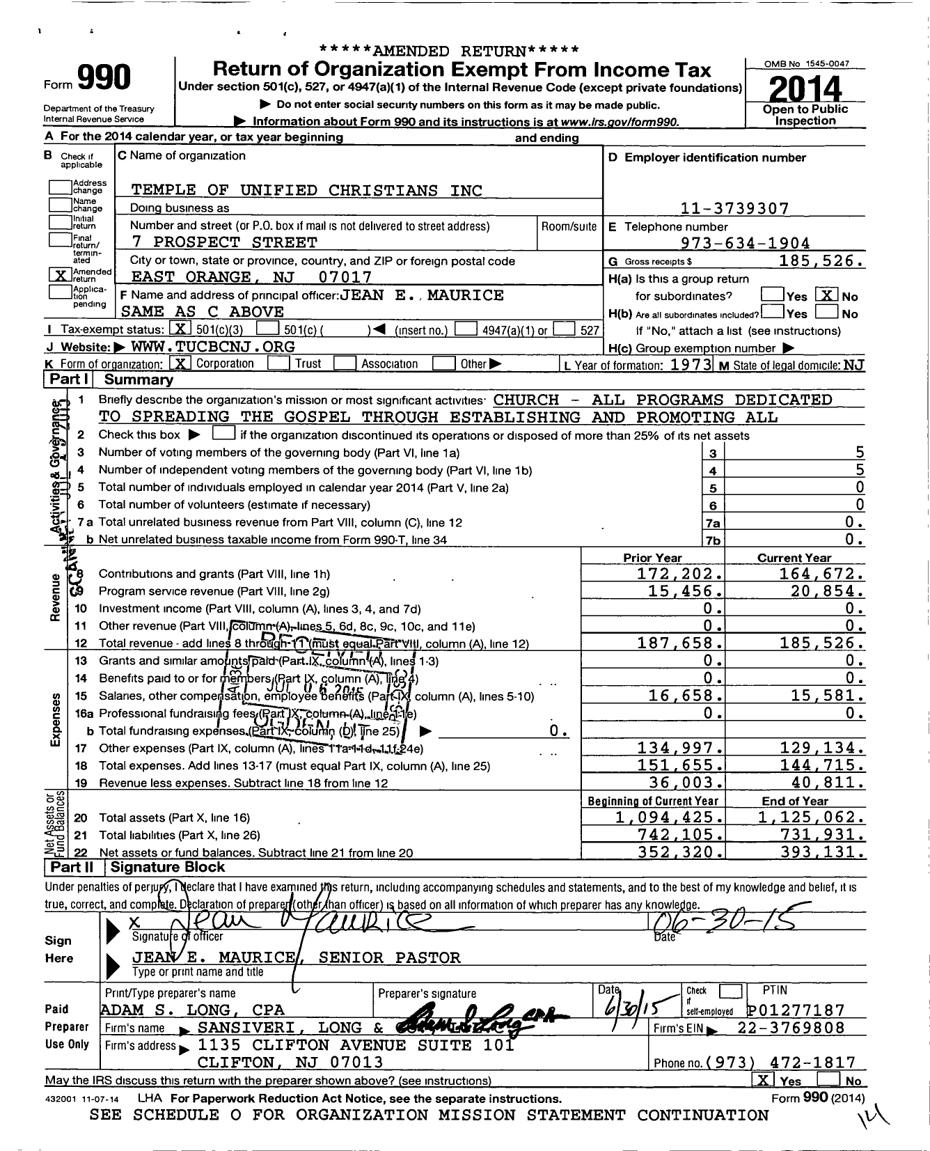 Image of first page of 2014 Form 990 for Temple of Unified Christians