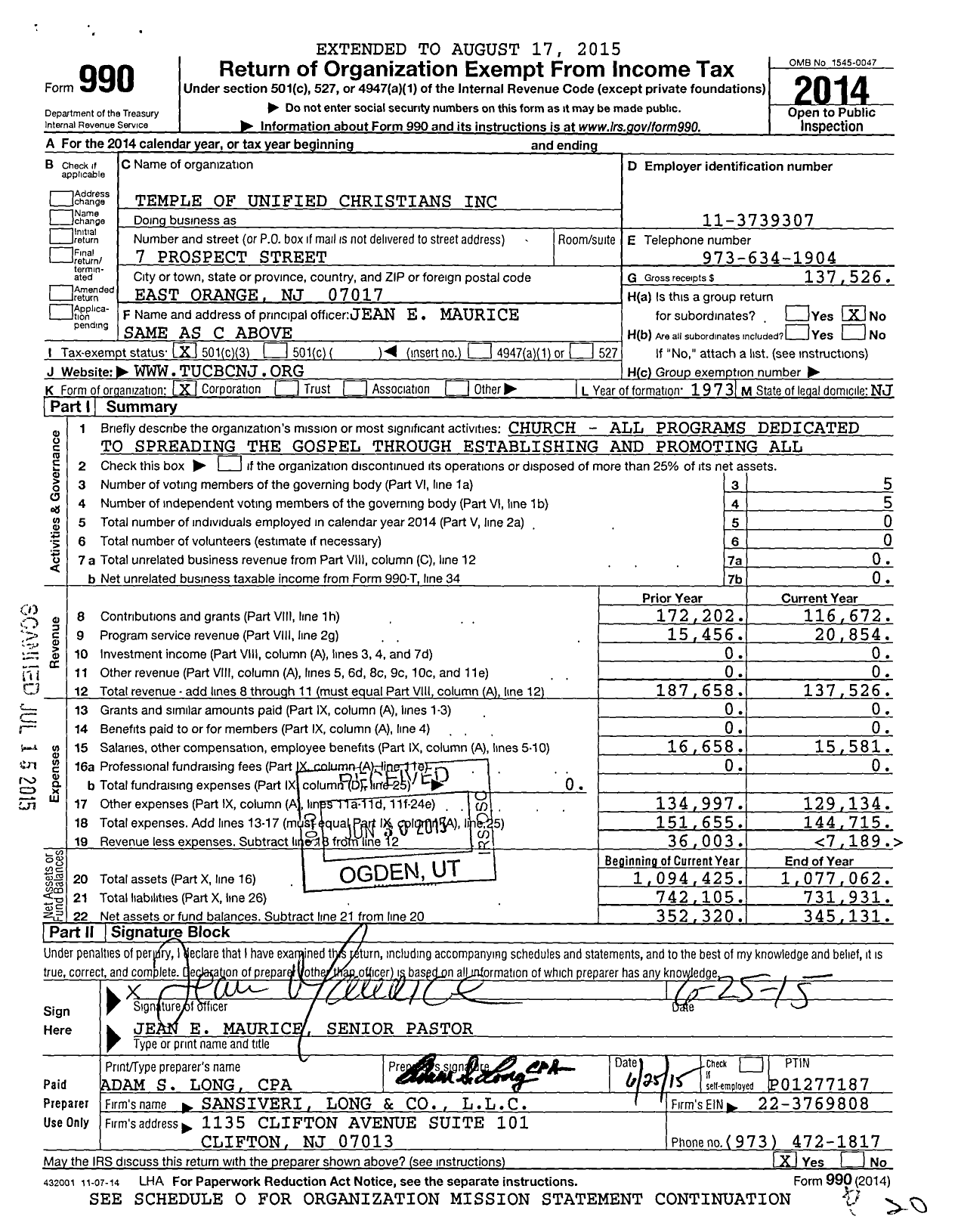 Image of first page of 2014 Form 990 for Temple of Unified Christians