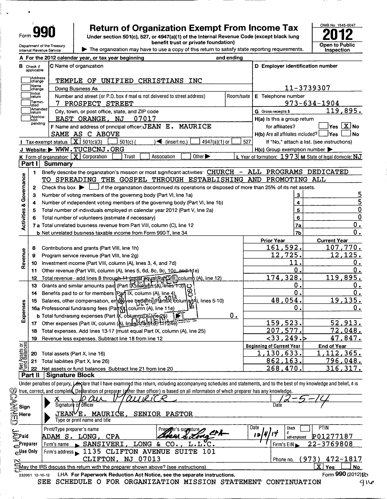 Image of first page of 2012 Form 990 for Temple of Unified Christians