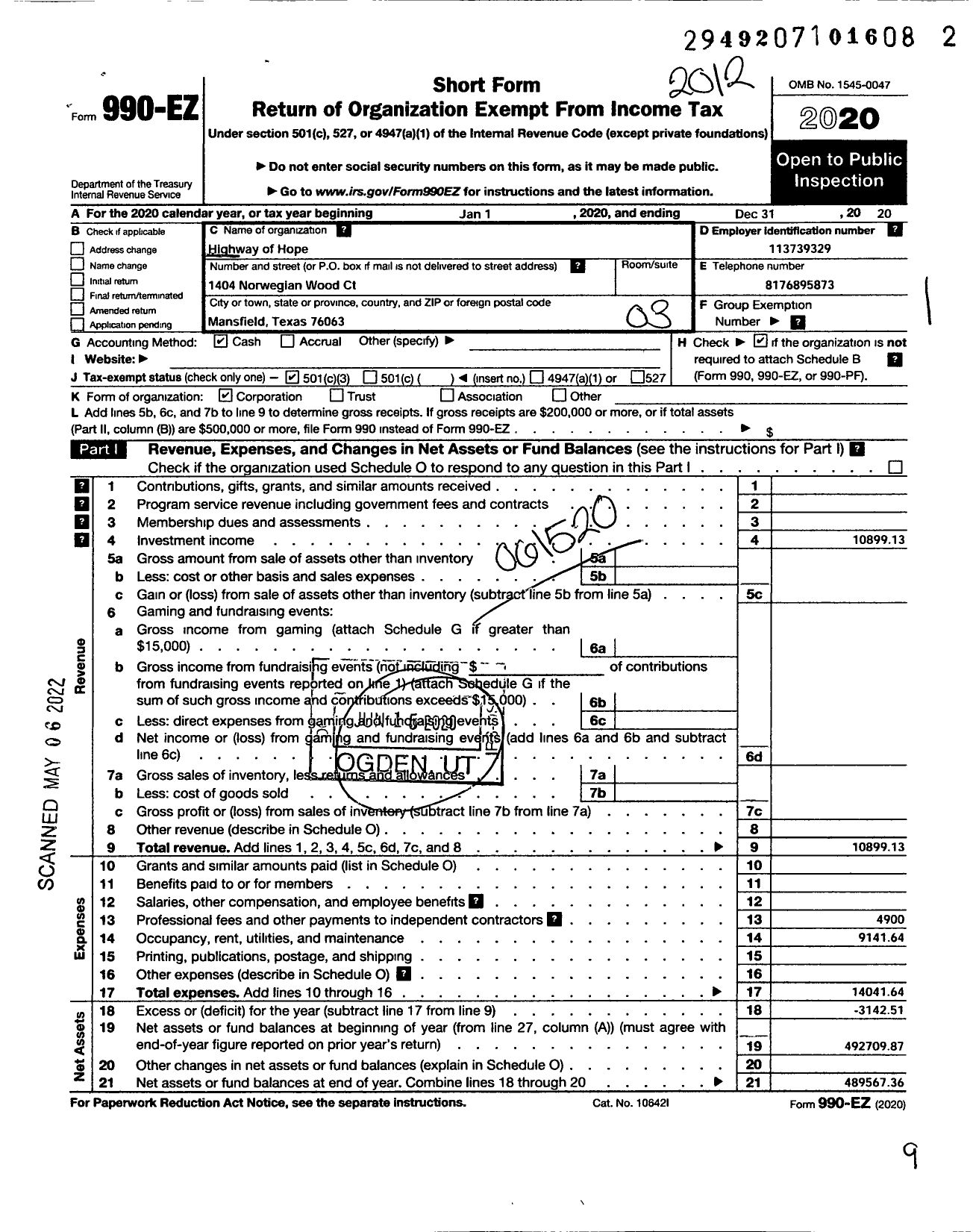 Image of first page of 2020 Form 990EZ for Highway of Hope