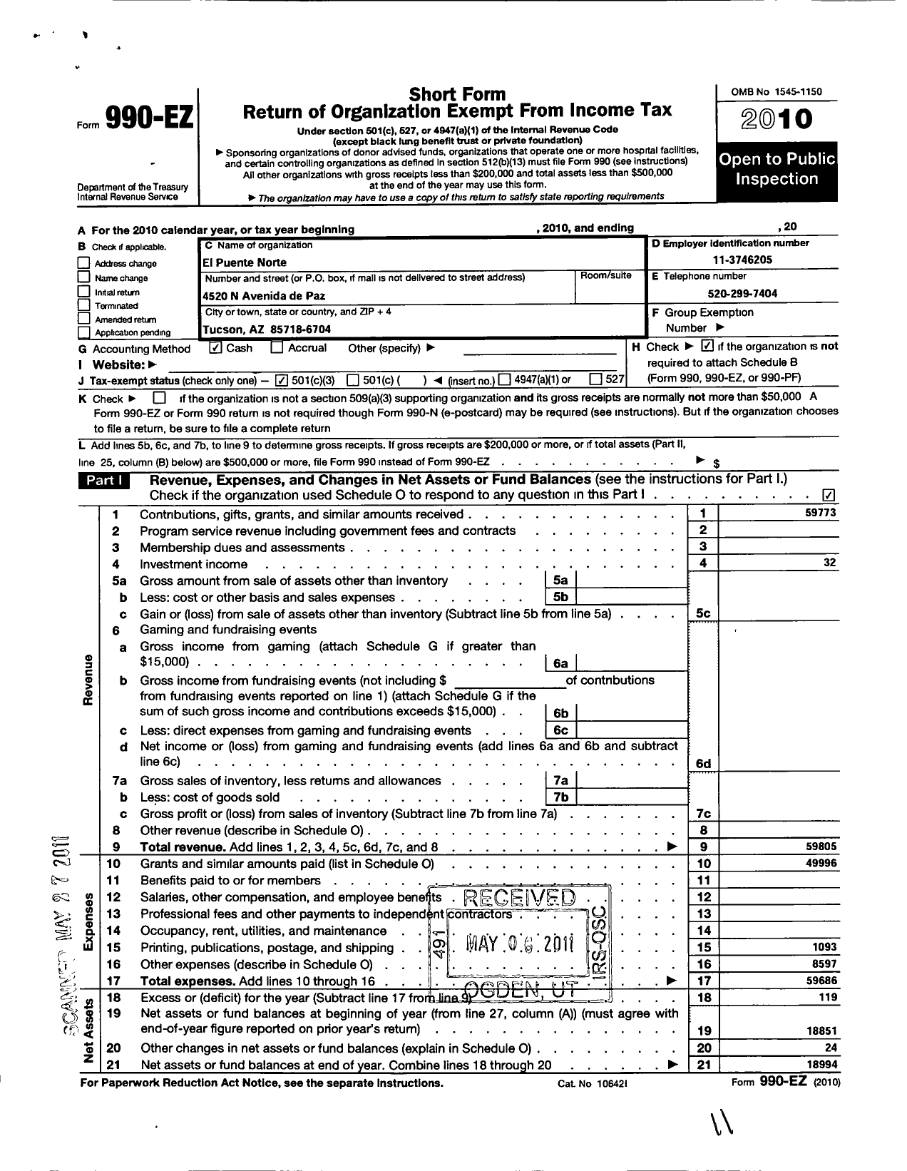 Image of first page of 2010 Form 990EZ for El Puente Norte