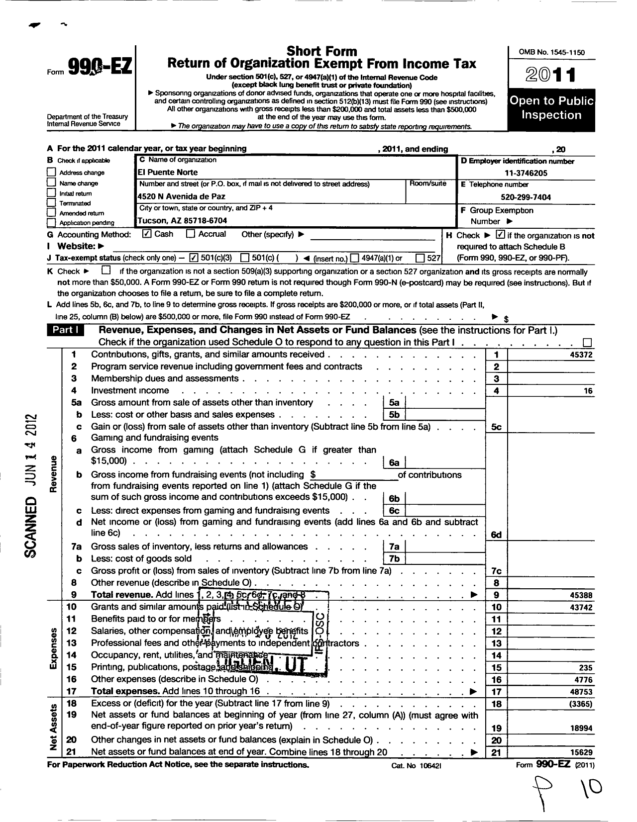 Image of first page of 2011 Form 990EZ for El Puente Norte