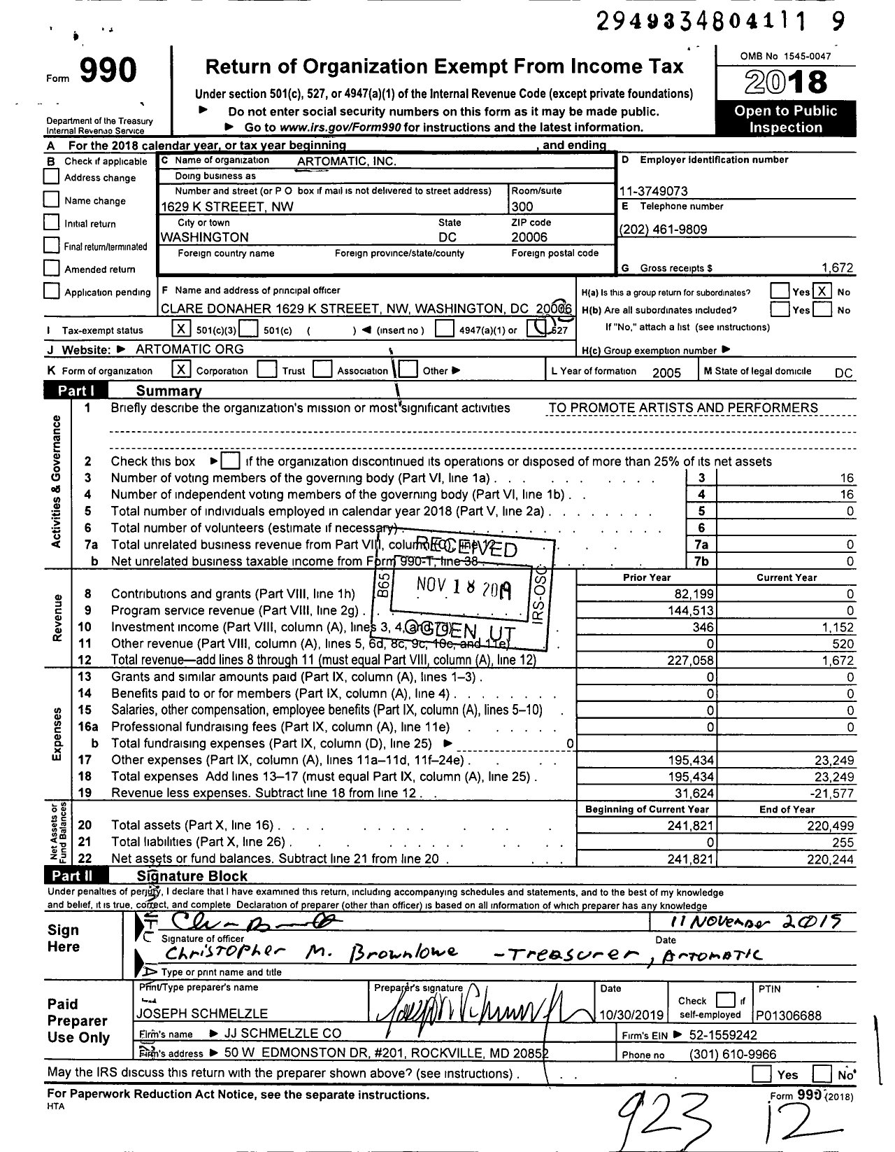 Image of first page of 2018 Form 990 for Artomatic