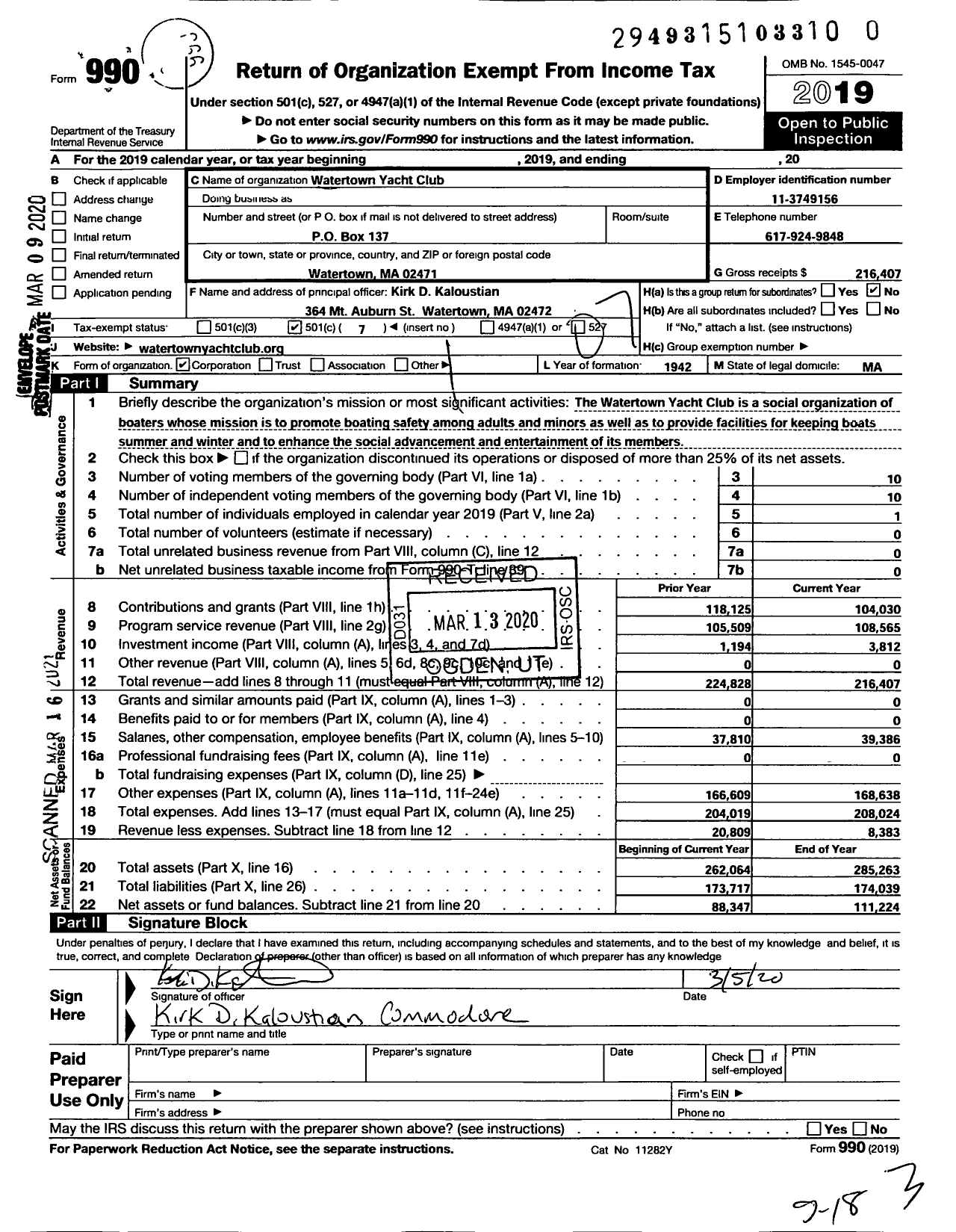 Image of first page of 2019 Form 990O for Watertown Yacht Club