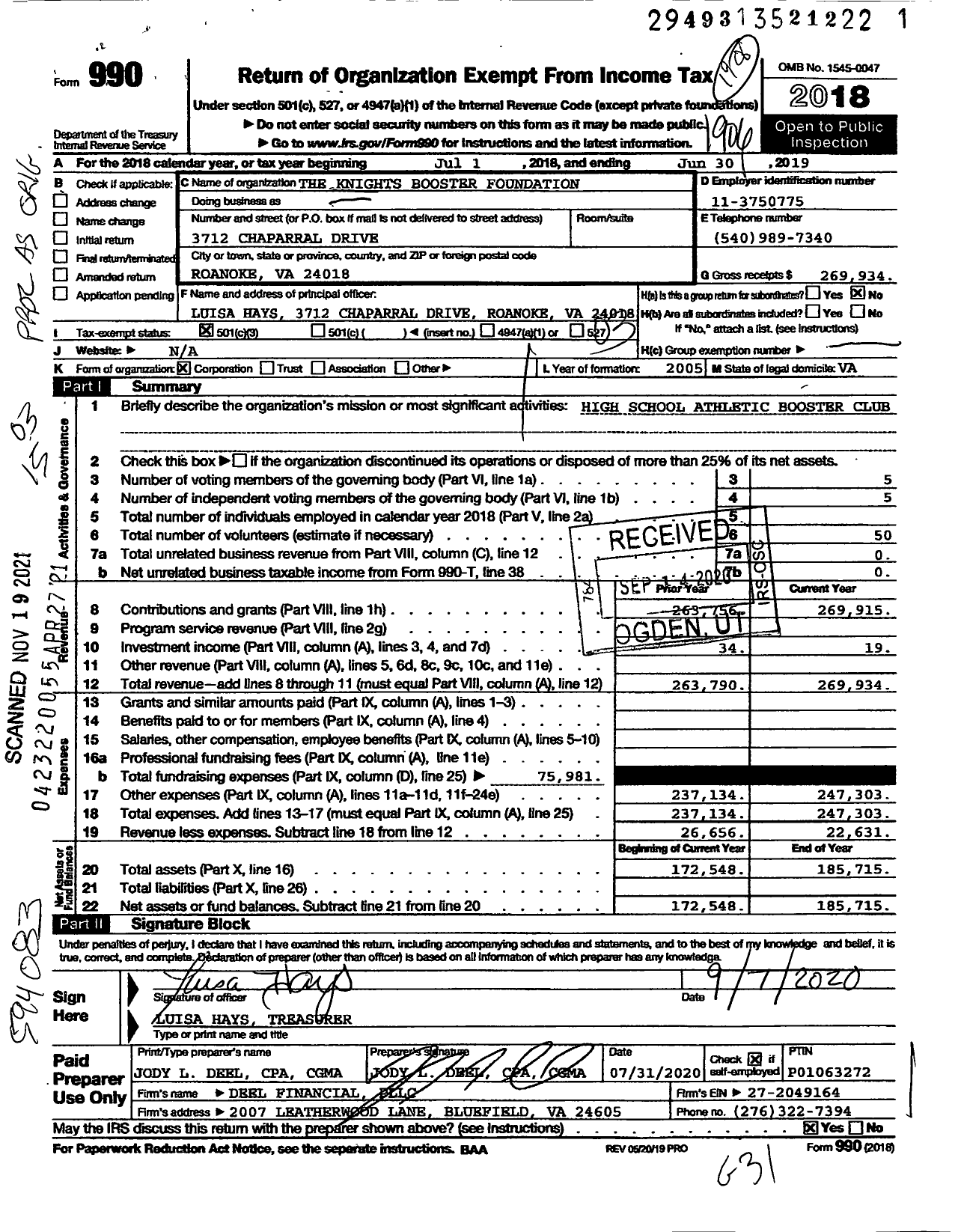 Image of first page of 2018 Form 990 for Knights Booster Foundation