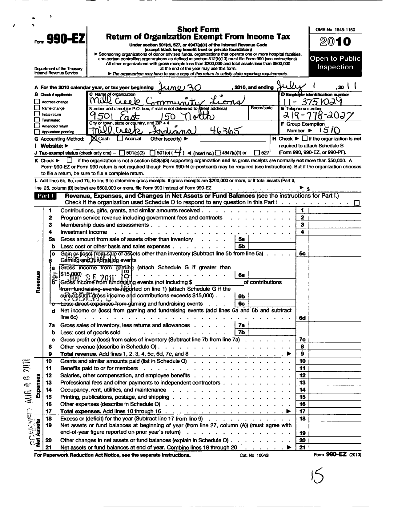 Image of first page of 2010 Form 990EO for Lions Clubs - 83164 Mill Creek Community