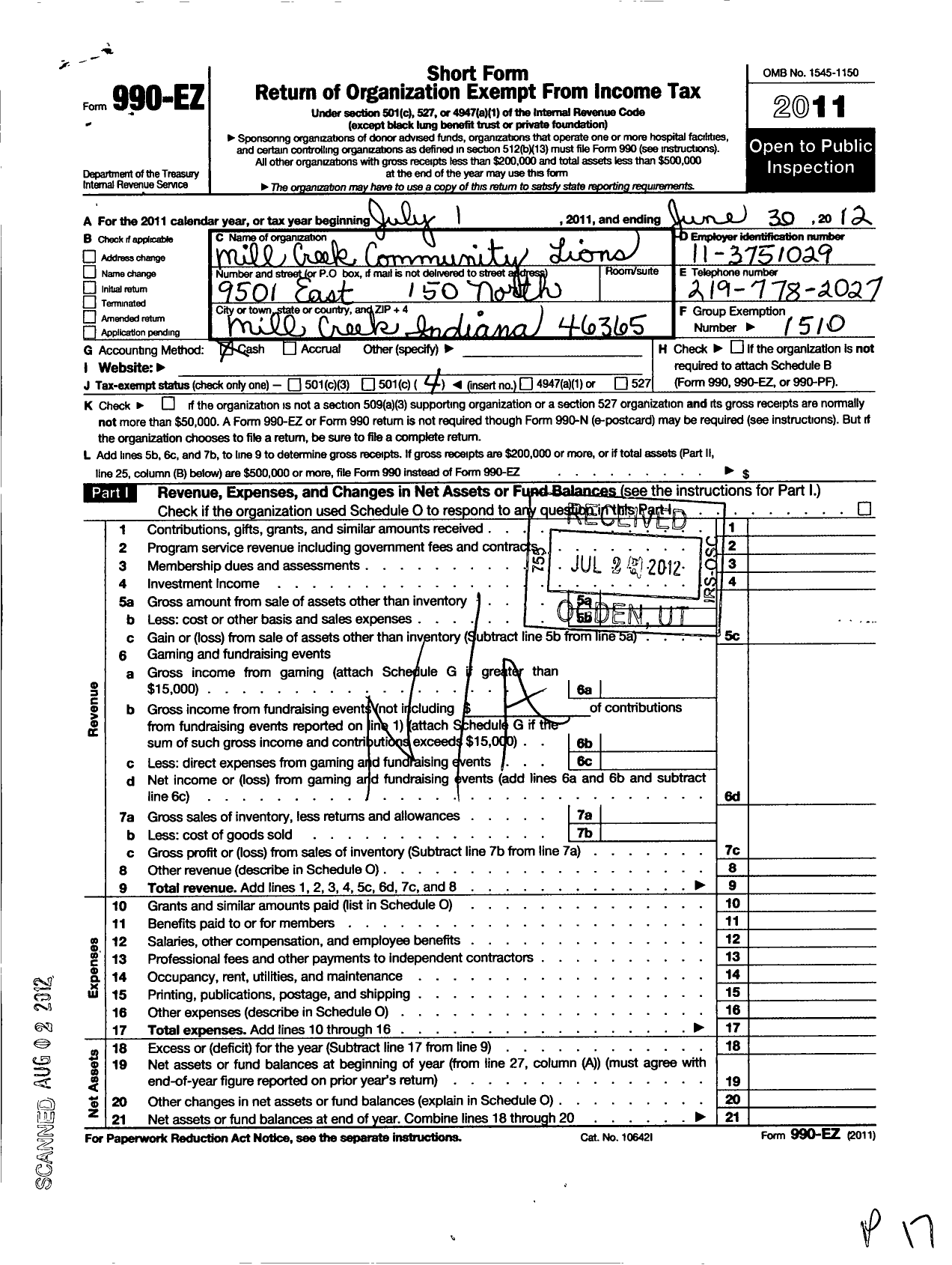 Image of first page of 2011 Form 990EO for Lions Clubs - 83164 Mill Creek Community