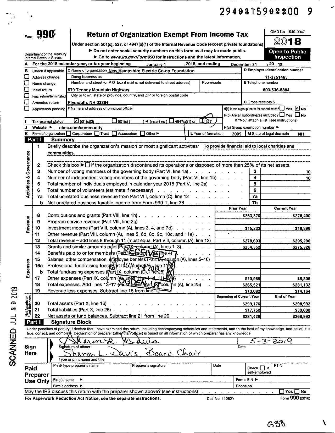 Image of first page of 2018 Form 990 for New Hampshire Electric Co-Op Foundation