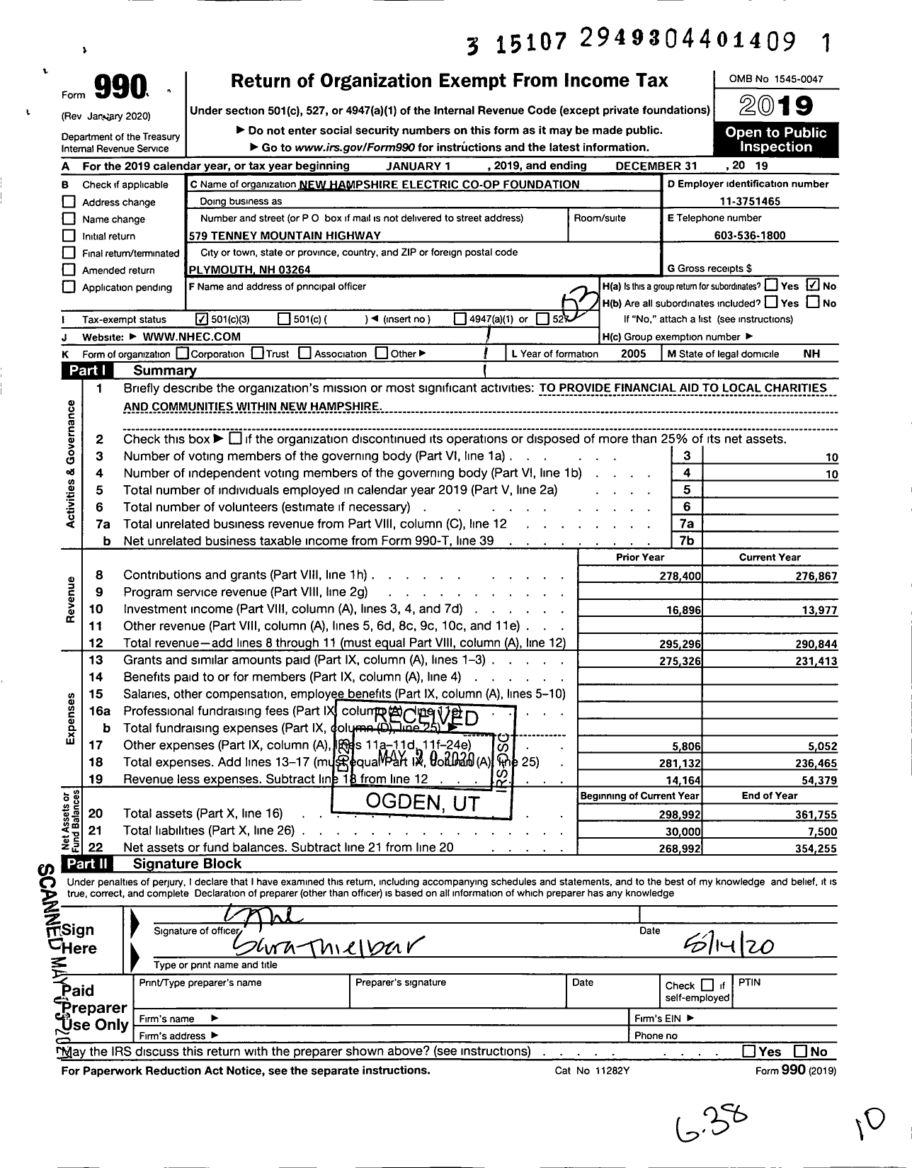 Image of first page of 2019 Form 990 for New Hampshire Electric Co-Op Foundation