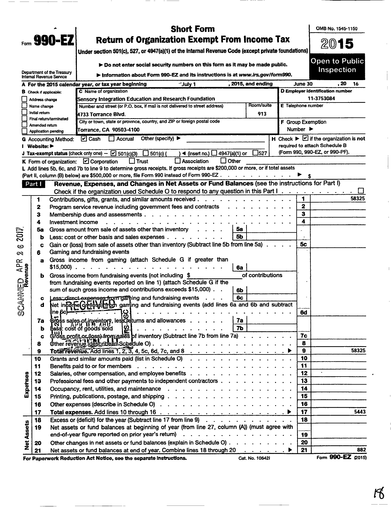 Image of first page of 2015 Form 990EZ for Sensory Integration Education and Resource Foundation (SIERF)