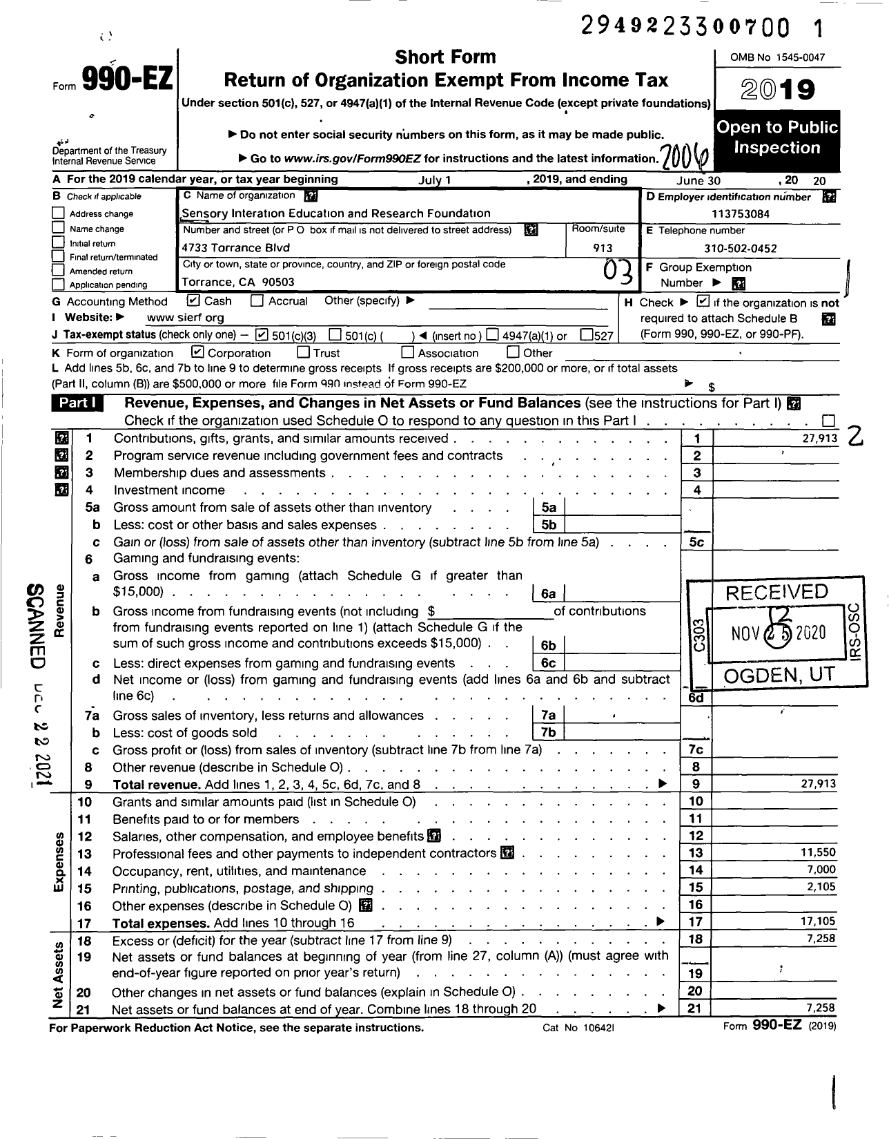 Image of first page of 2019 Form 990EZ for Sensory Integration Education and Resource Foundation (SIERF)