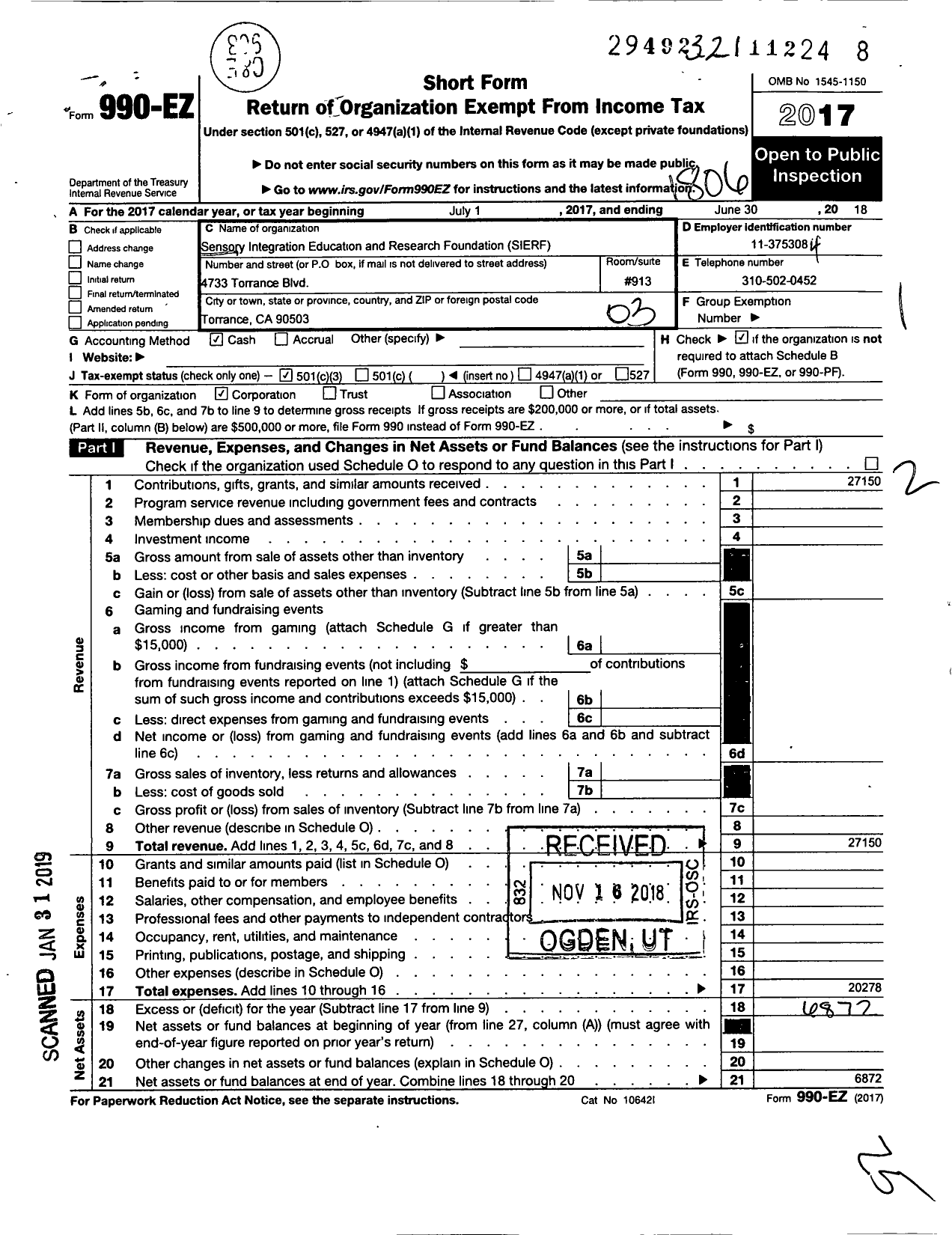 Image of first page of 2017 Form 990EZ for Sensory Integration Education and Resource Foundation (SIERF)