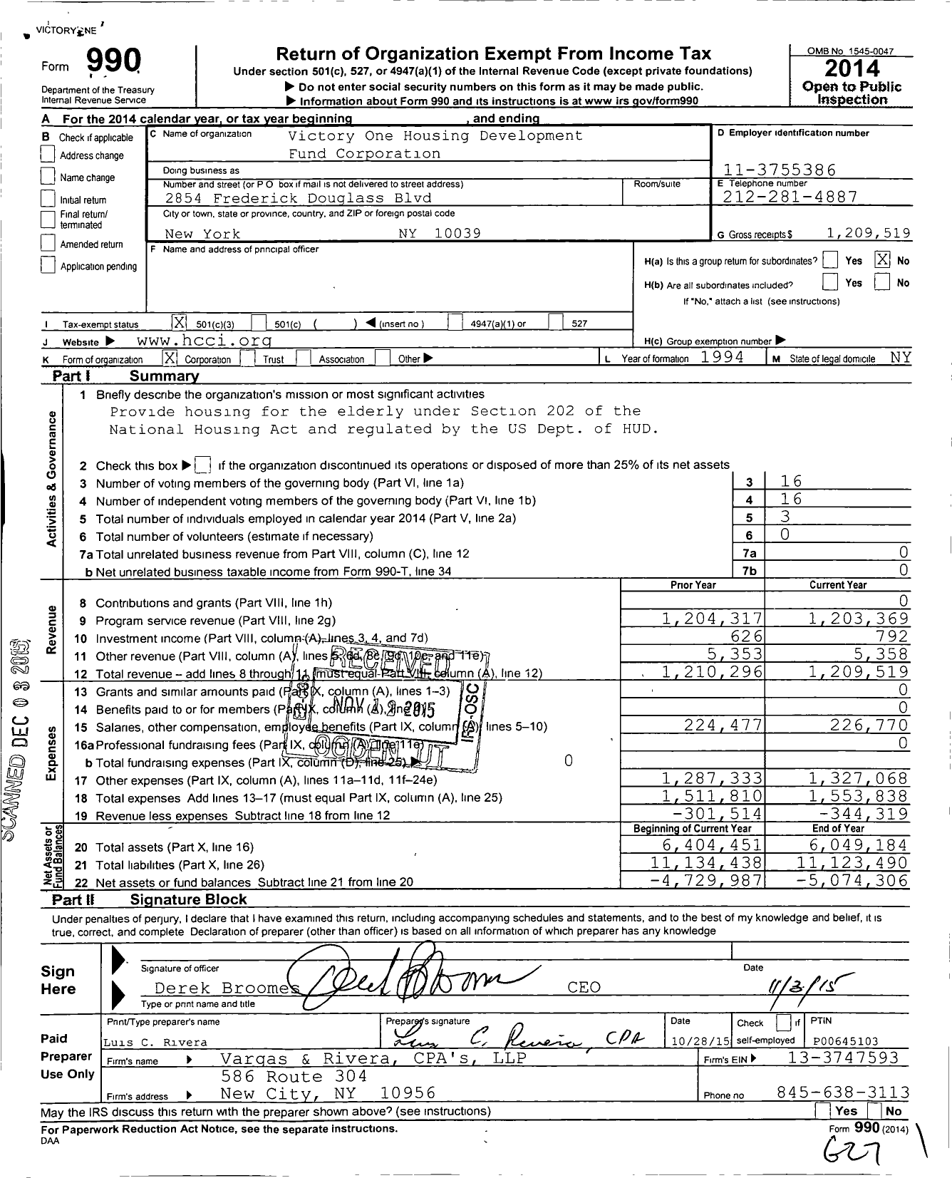 Image of first page of 2014 Form 990 for Victory One Housing Development Fund Corporation