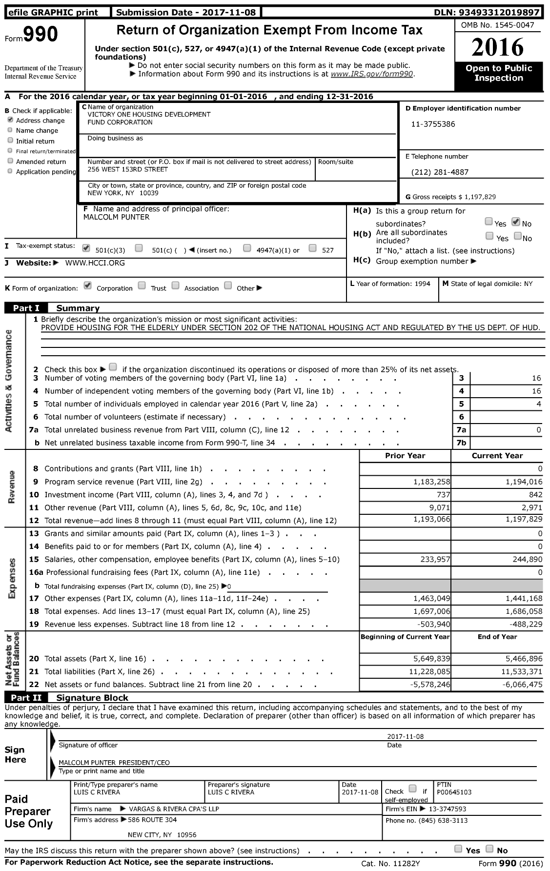 Image of first page of 2016 Form 990 for Victory One Housing Development Fund Corporation