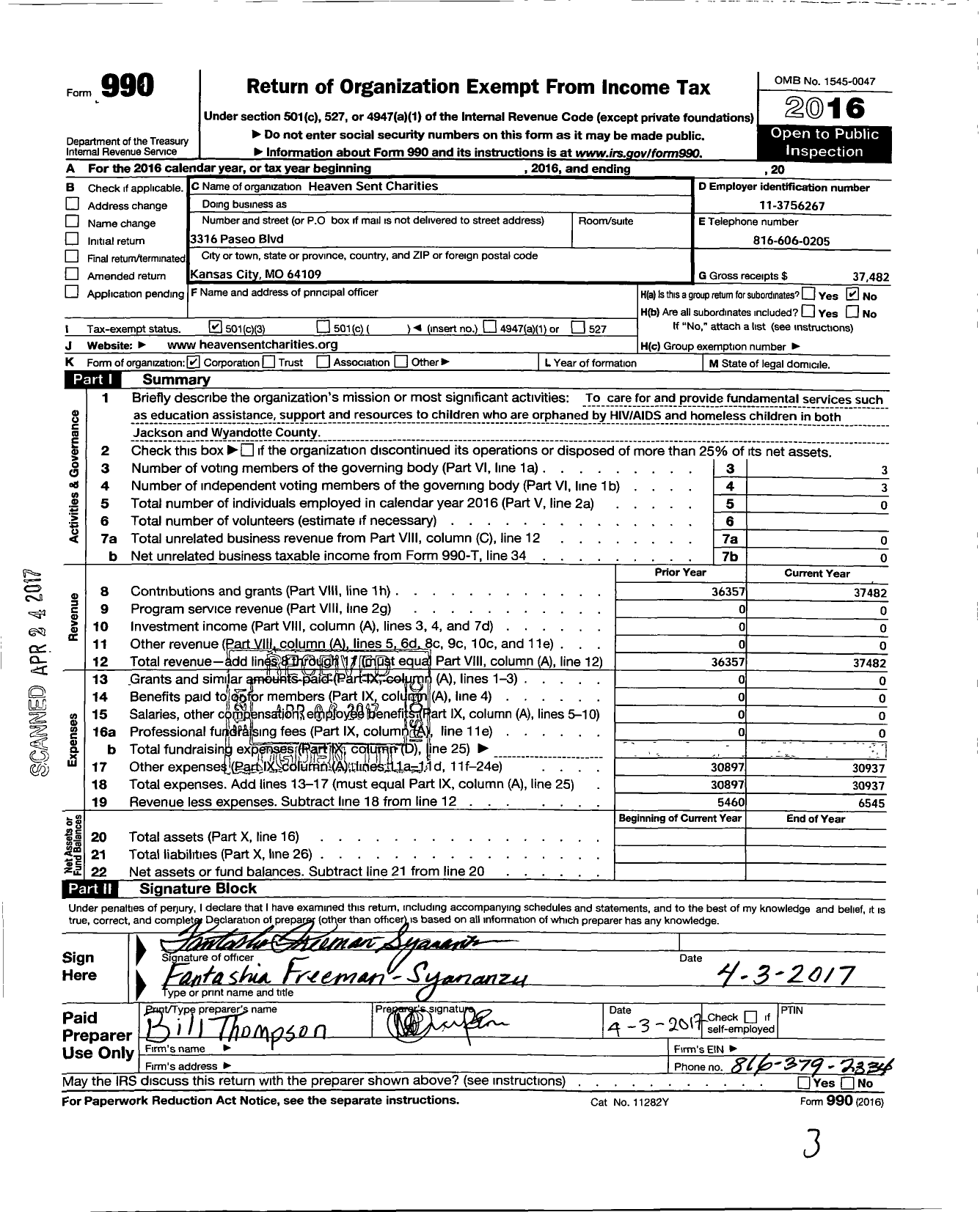 Image of first page of 2016 Form 990 for Heaven Sent Charities