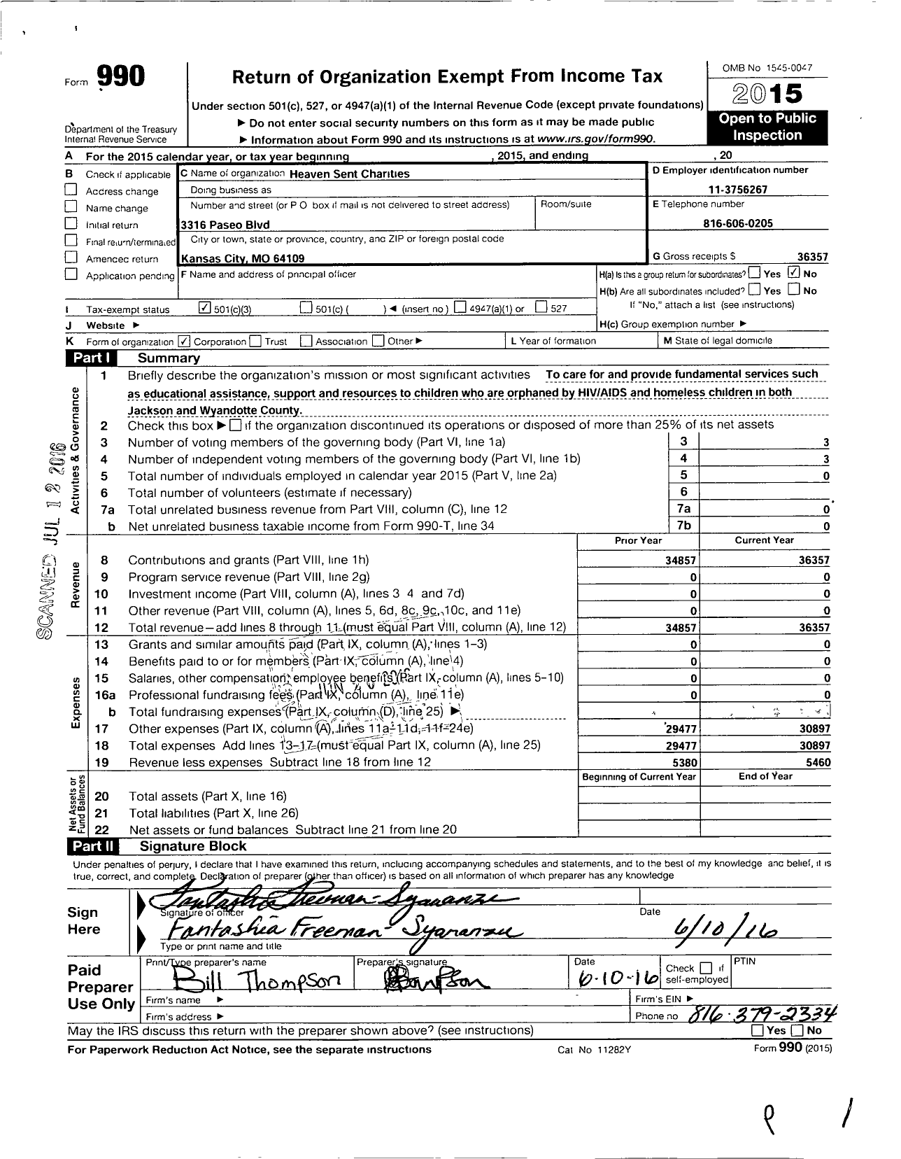 Image of first page of 2015 Form 990 for Heaven Sent Charities