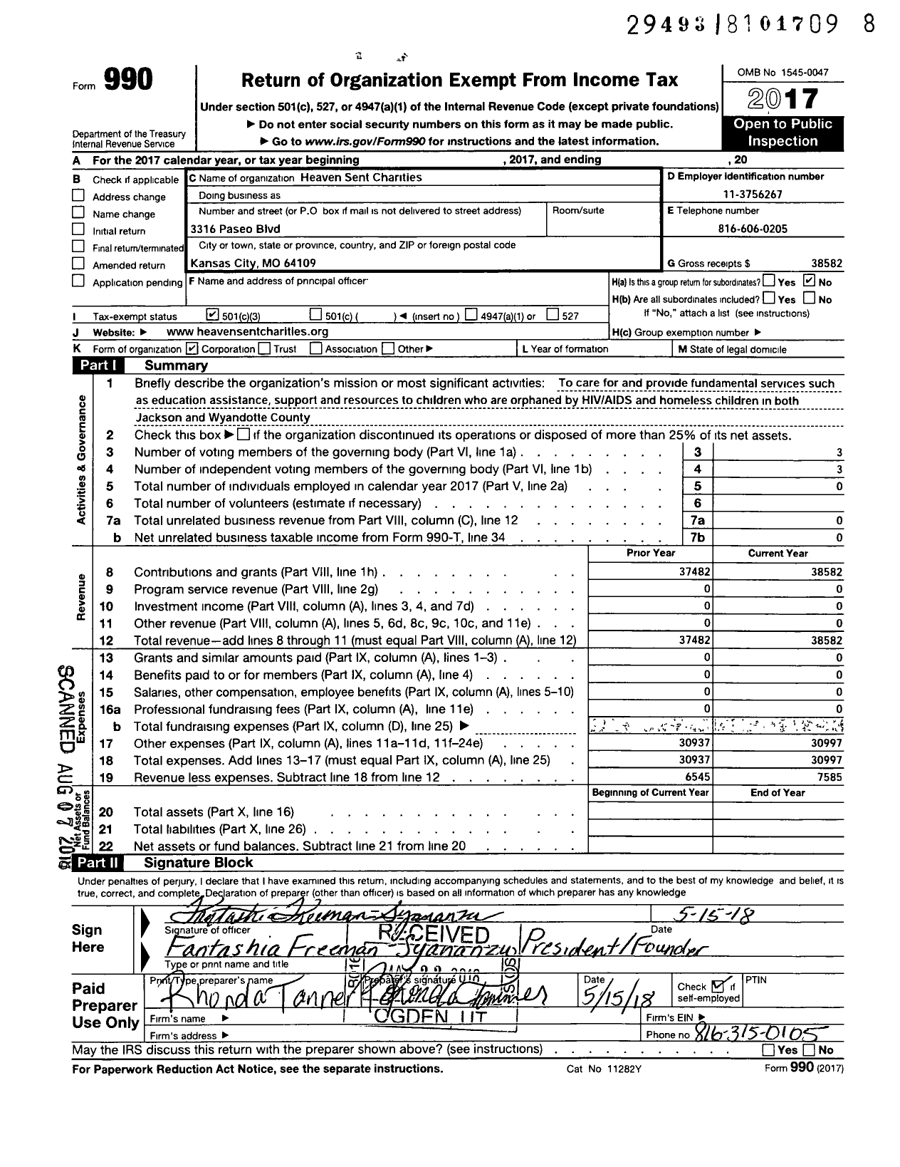 Image of first page of 2017 Form 990 for Heaven Sent Charities