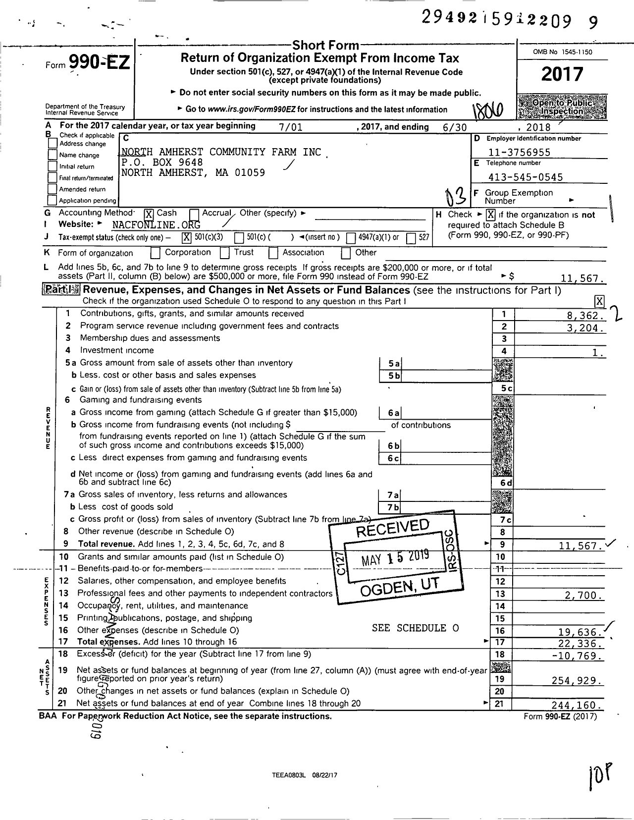 Image of first page of 2017 Form 990EZ for North Amherst Community Farm