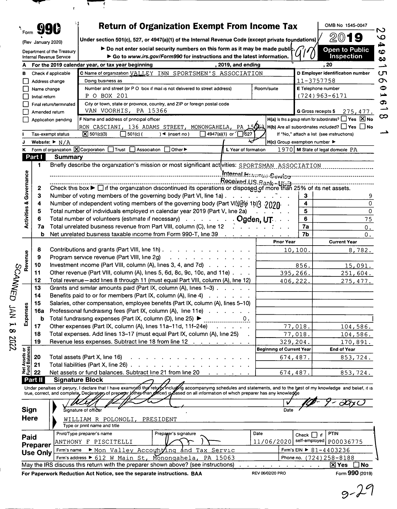 Image of first page of 2019 Form 990 for Valley Inn Sportsmen's Association