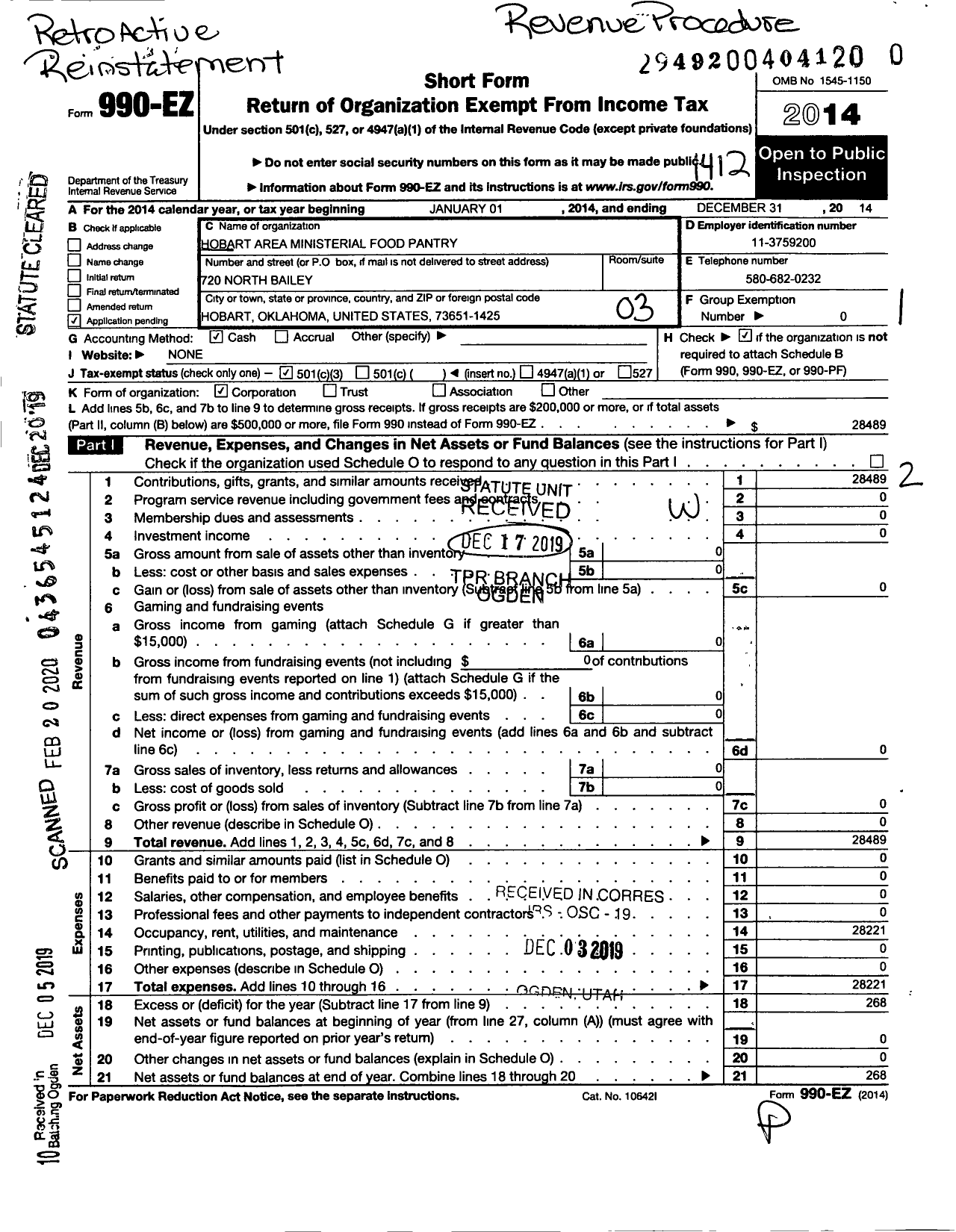 Image of first page of 2014 Form 990EZ for Hobart Area Ministerial Food Pantry