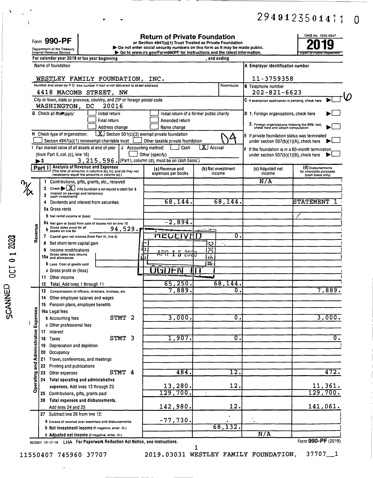 Image of first page of 2019 Form 990PR for Westley Family Foundation